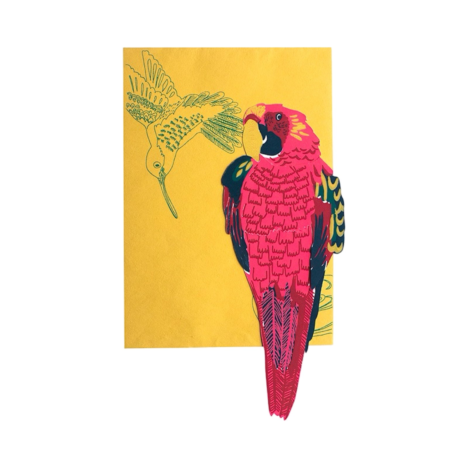 Hand-printed pink parrot-shaped pop-up card.