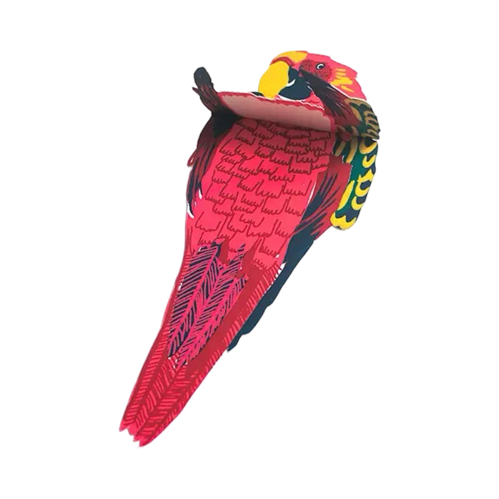 Hand-printed pink parrot-shaped pop-up card open to show the space to write your message.