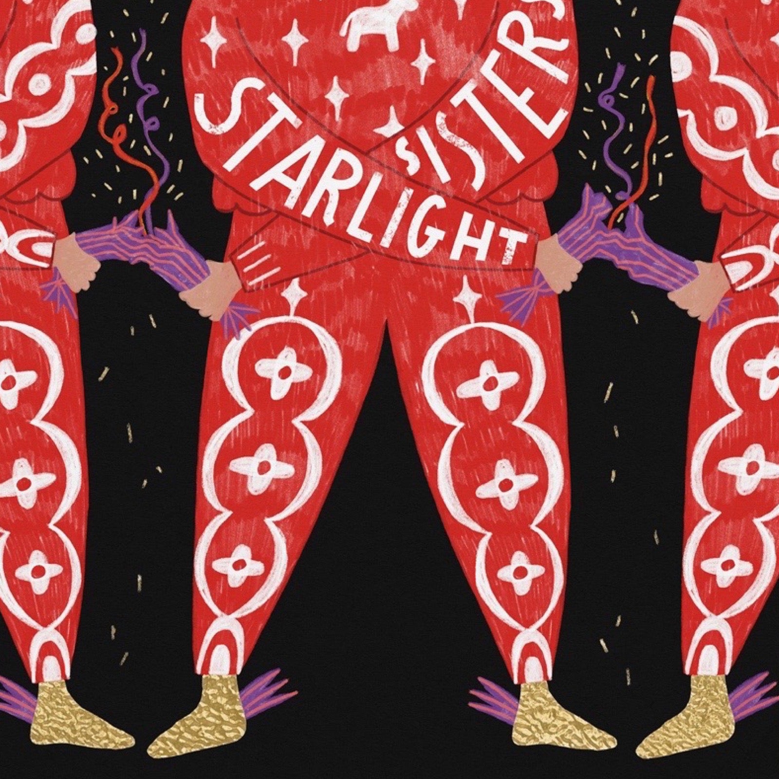 Illustrated artwork showing two stylised figures in matching red outfits with white circular and floral patterns, holding purple fabric, on a black background. The centre figure has the words "STARLIGHT SISTERS" across the torso.