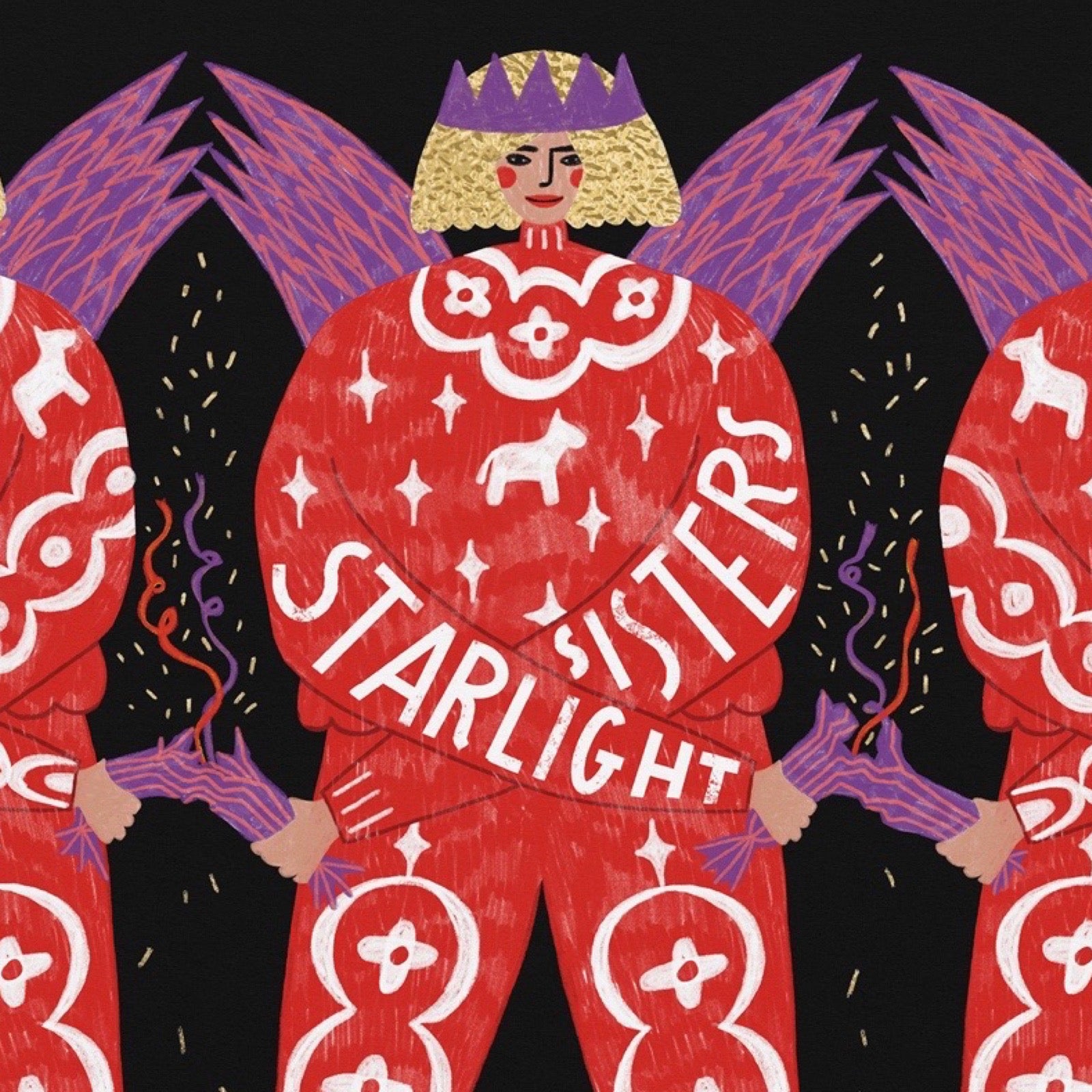Close up of card featuring stylised figures in red outfits with white patterns and purple wings against a black background.