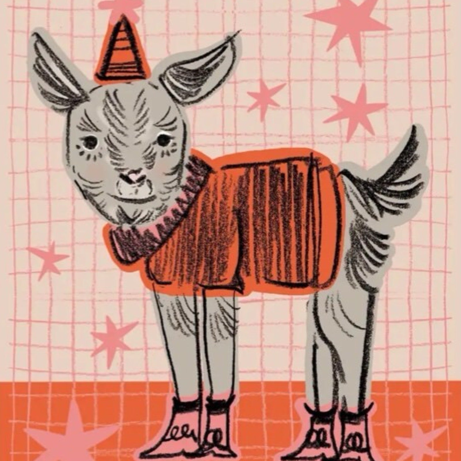 Birthday card featuring an illustration of a goat in its pink party shoes, red party hat and jumper and the text 'party animal' underneath