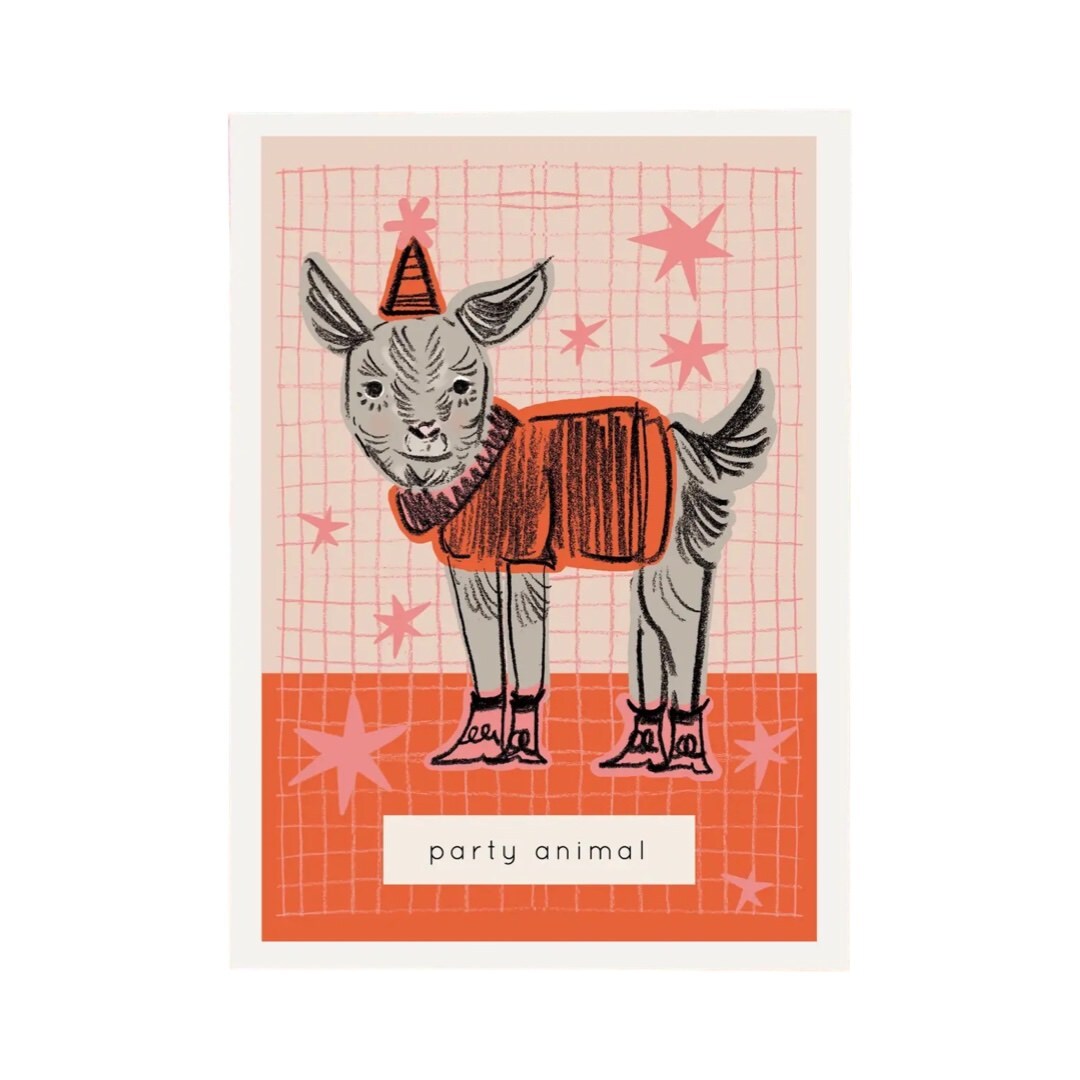 Birthday card featuring an illustration of a goat in its pink party shoes, red party hat and jumper and the text 'party animal' underneath