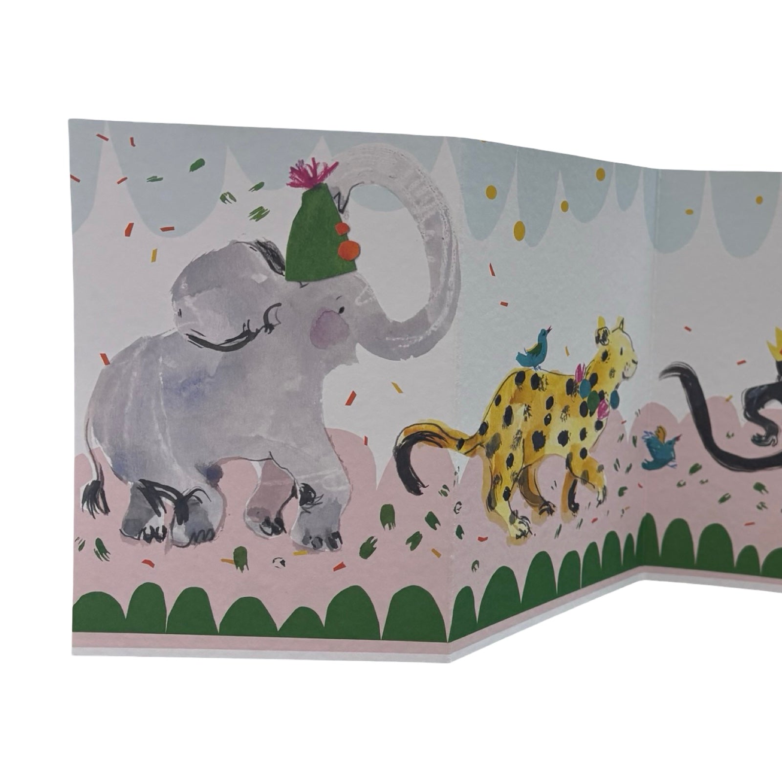 A fabulous concertina card that opens out into a parade of partying animals that includes an elephant, a leopard, a monkey and a tiger.