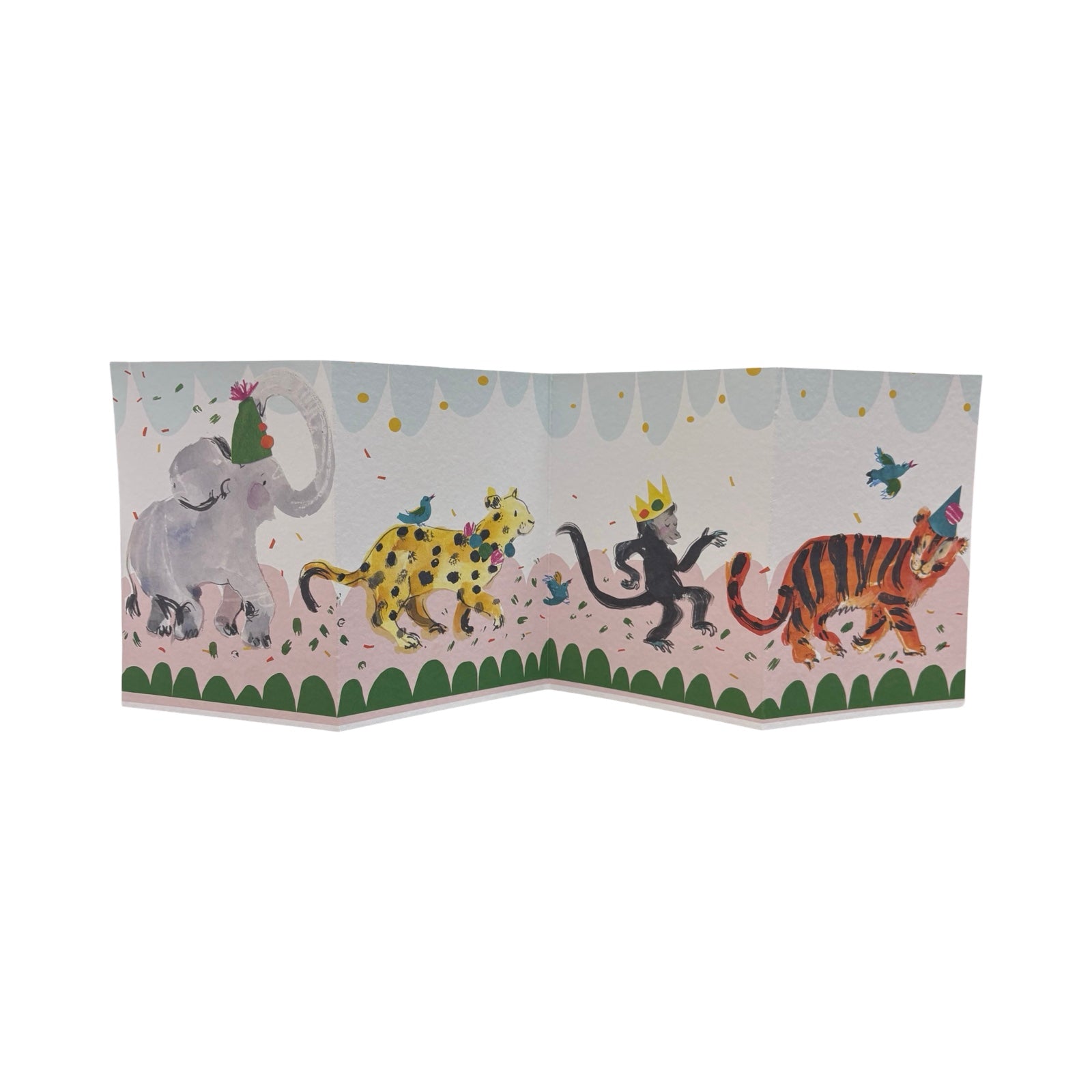A fabulous concertina card that opens out into a parade of partying animals that includes an elephant, a leopard, a monkey and a tiger.