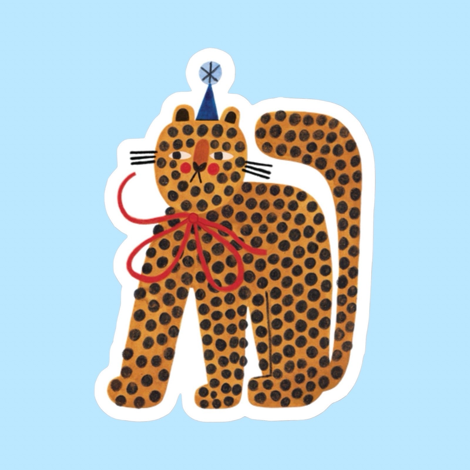 Leopard with a blue hat and red ribbon on a light blue background.