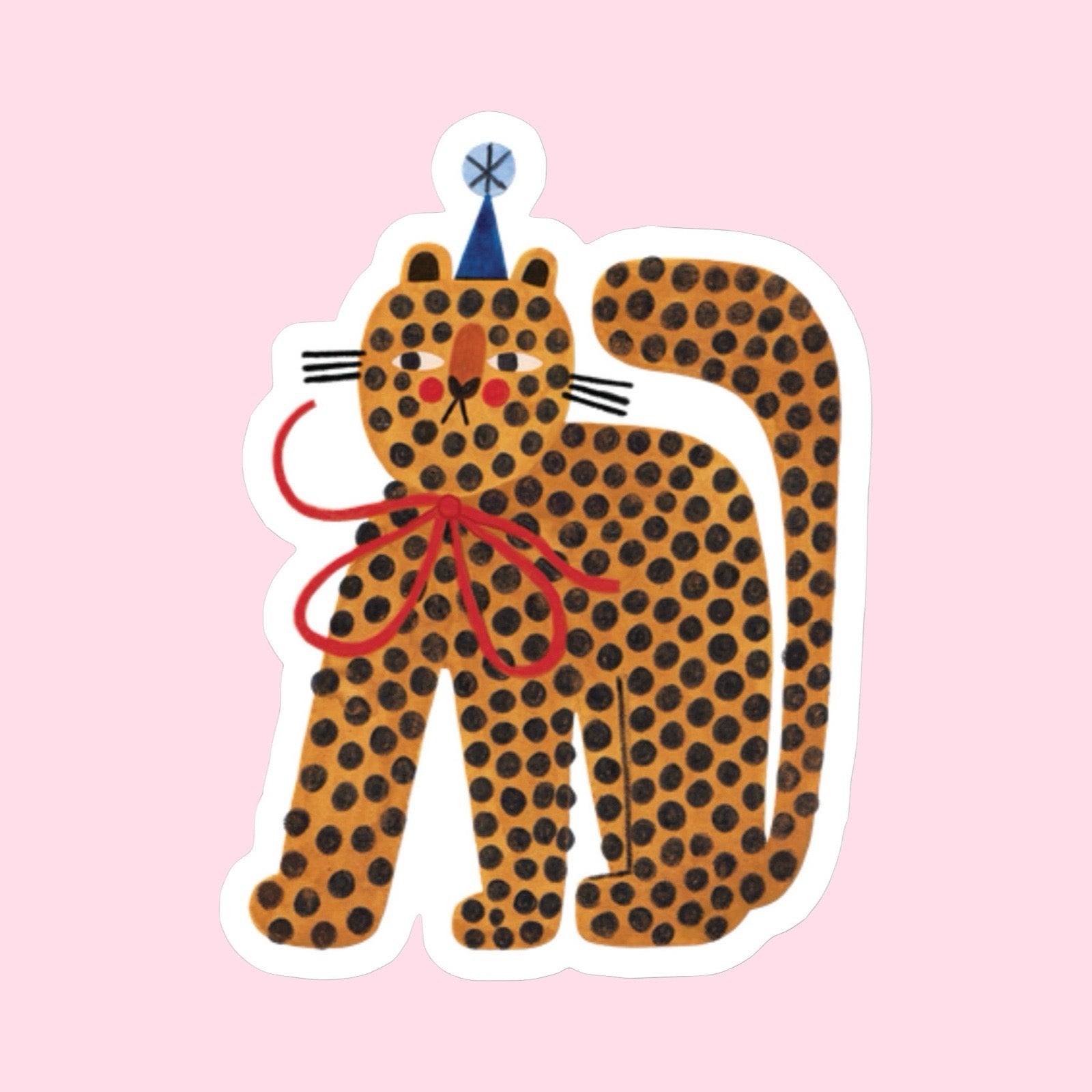 Sticker of a leopard with a blue hat and red ribbon on a pink background.
