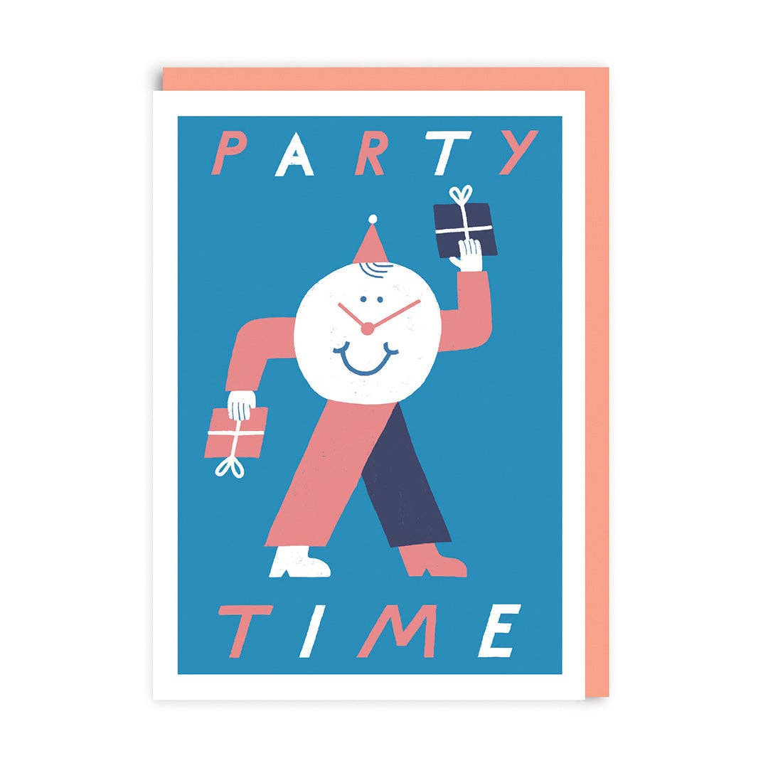 Birthday card featuring an illustration of a walking clock wearing a party hat holding presents in each hand.