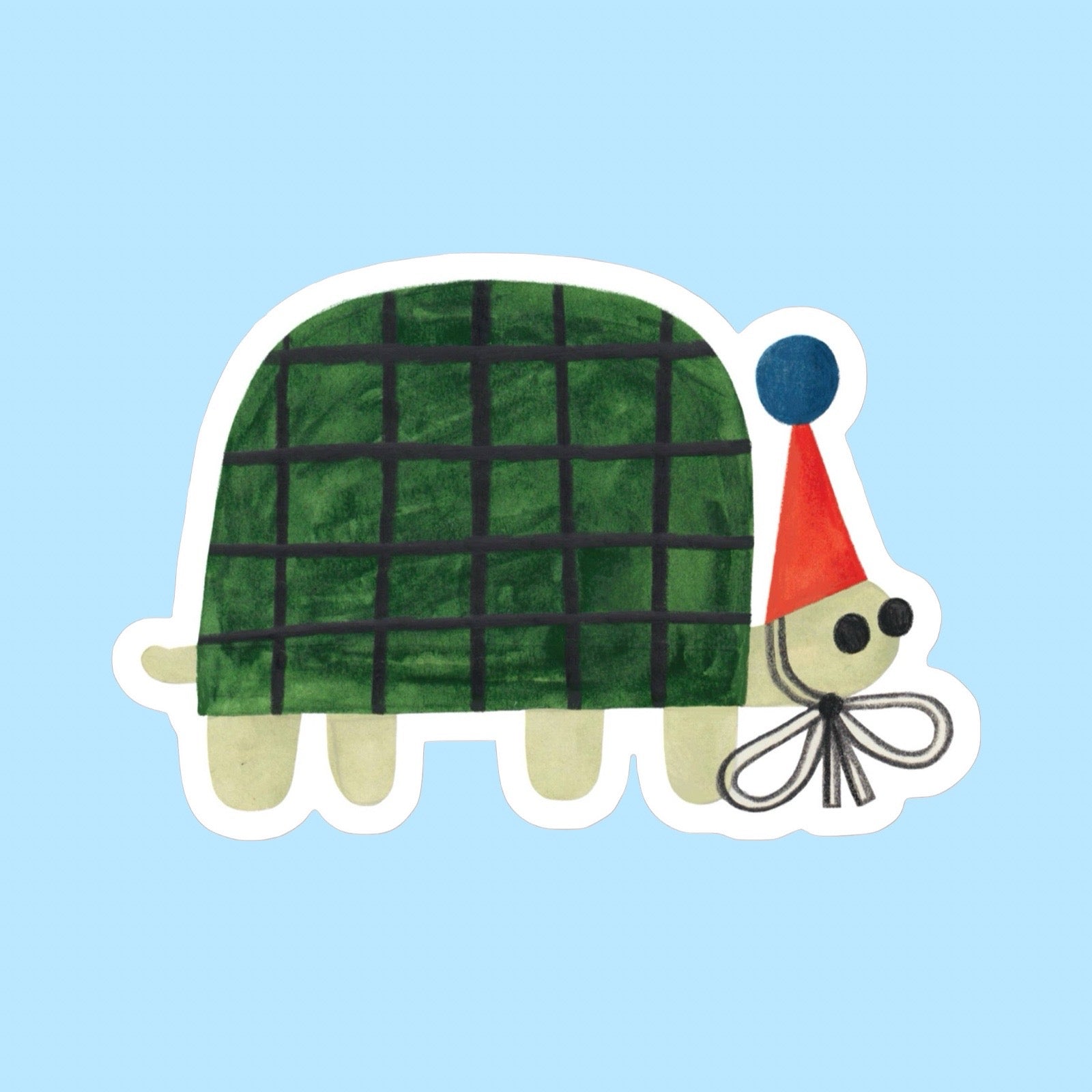 Illustration of a turtle with a green shell and red party hat on a blue background.