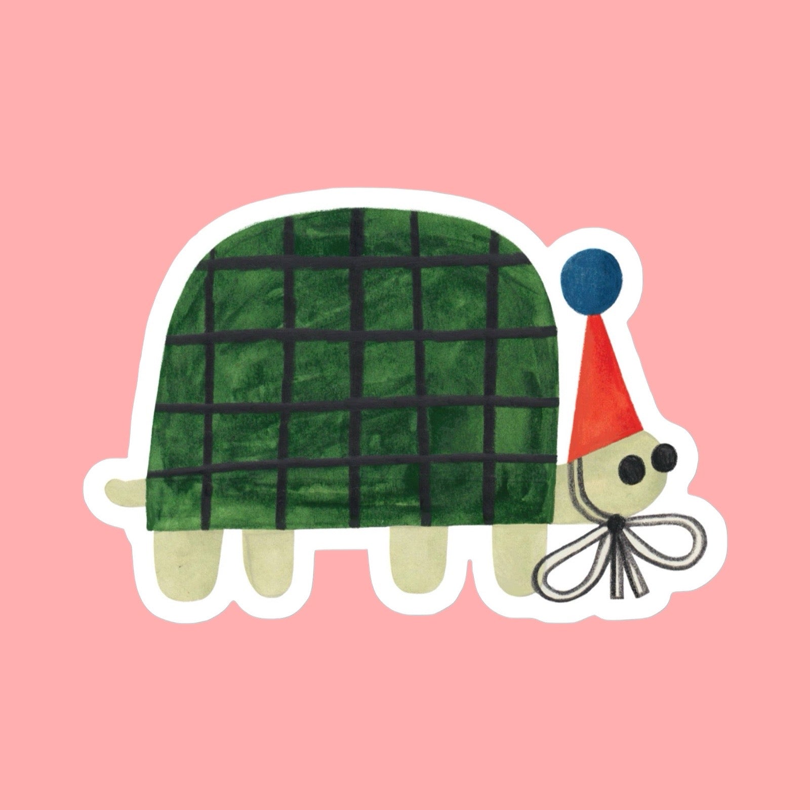 Illustration of a turtle with a green shell and red party hat on a pink background.