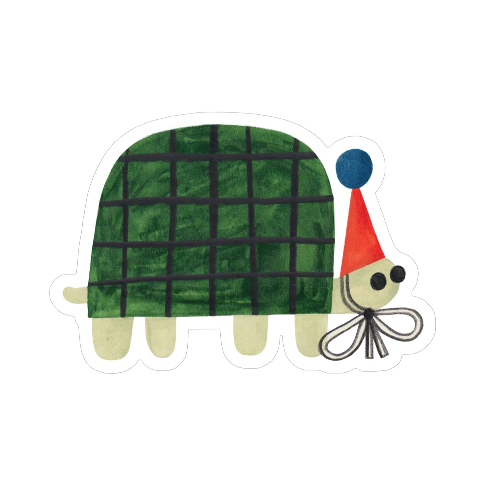 Vinyl sticker of a green turtle wearing a red party hat with a blue pom pom.