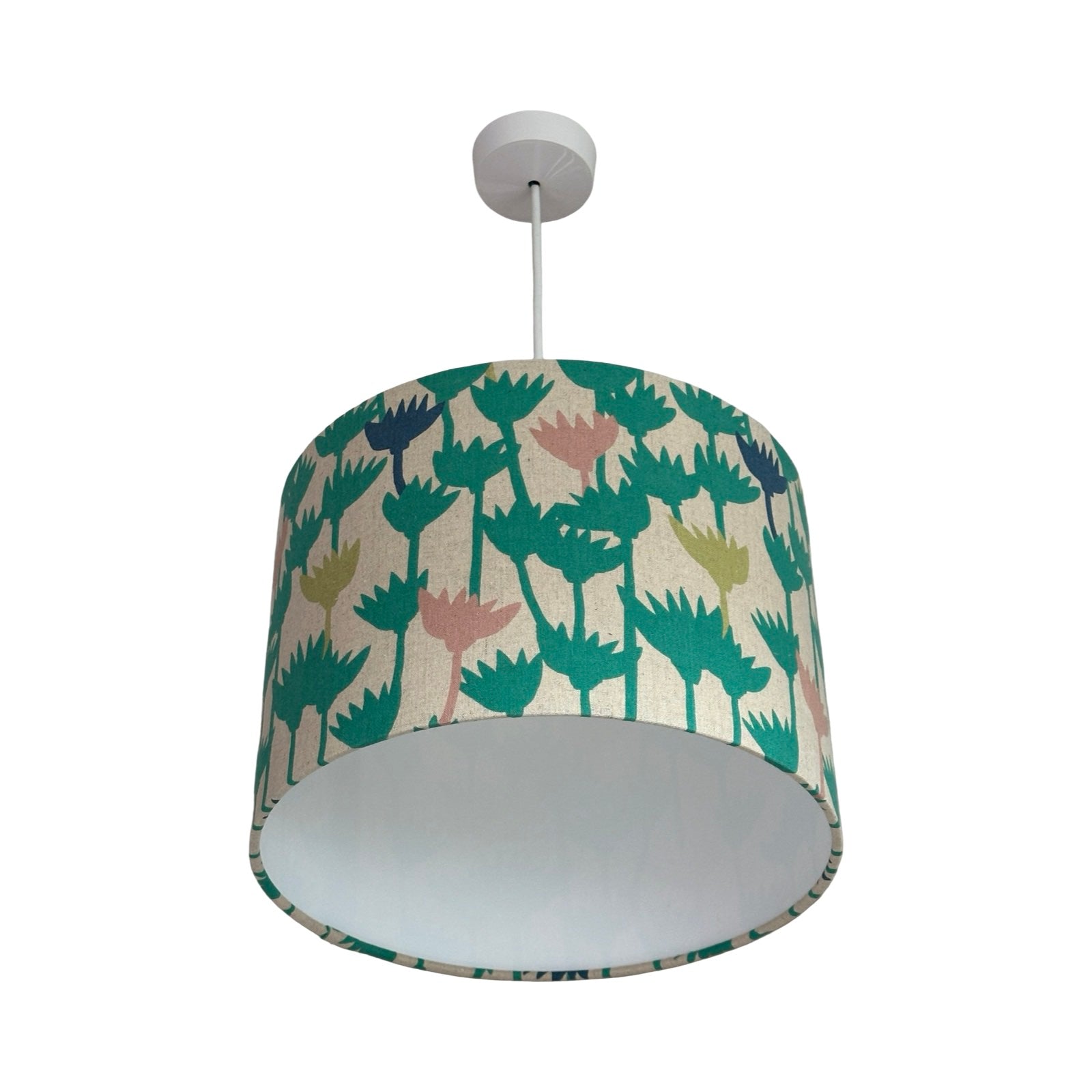 Lampshade with floral pattern on a white background.