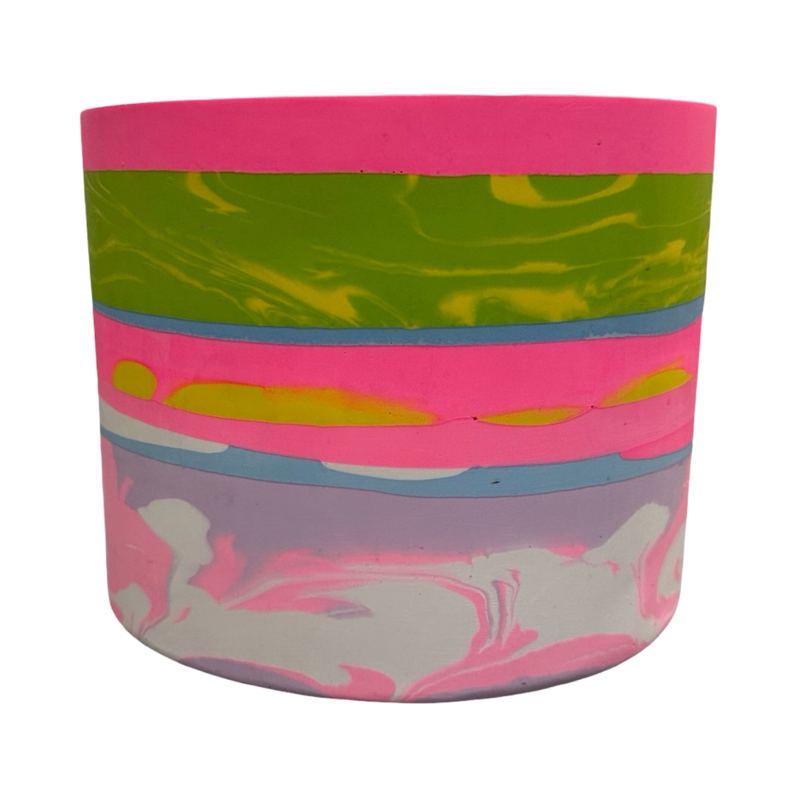 Colorful cylindrical planter with pink, green, and gray marbled pattern on a white background