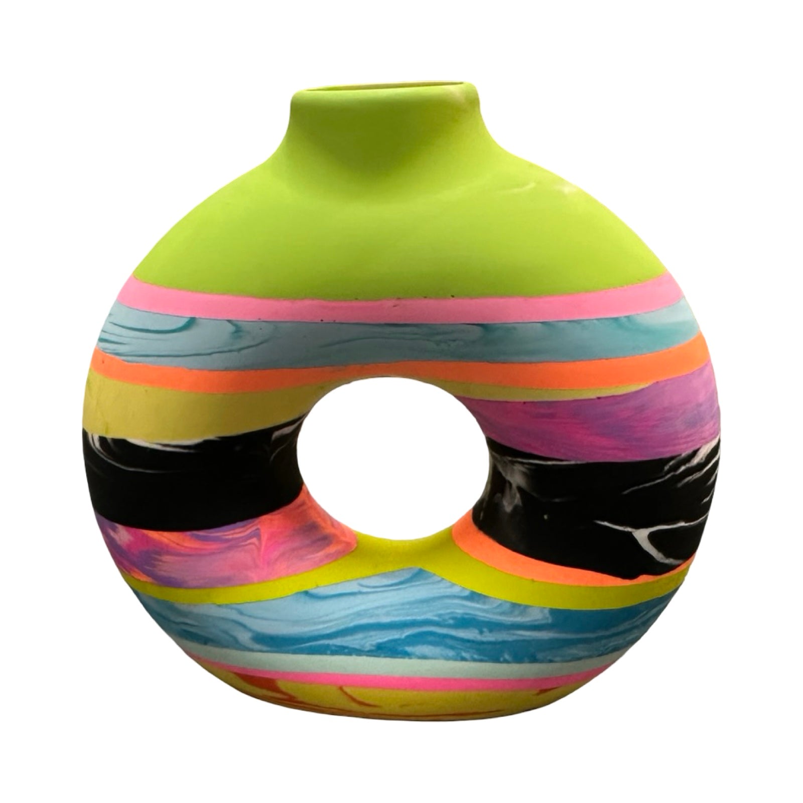 Colorful striped vase on a white background.