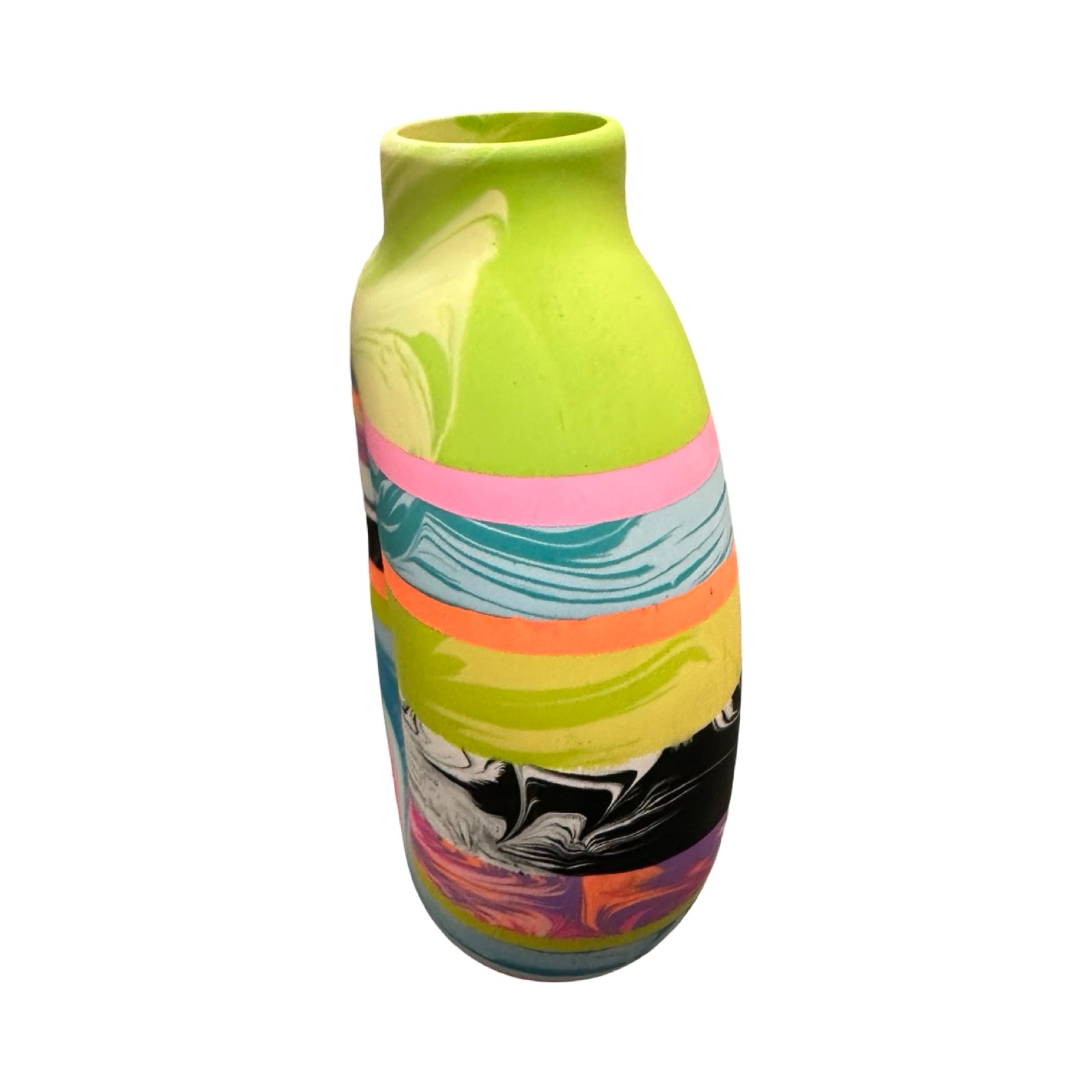 Colorful vase with abstract patterns on a white background.