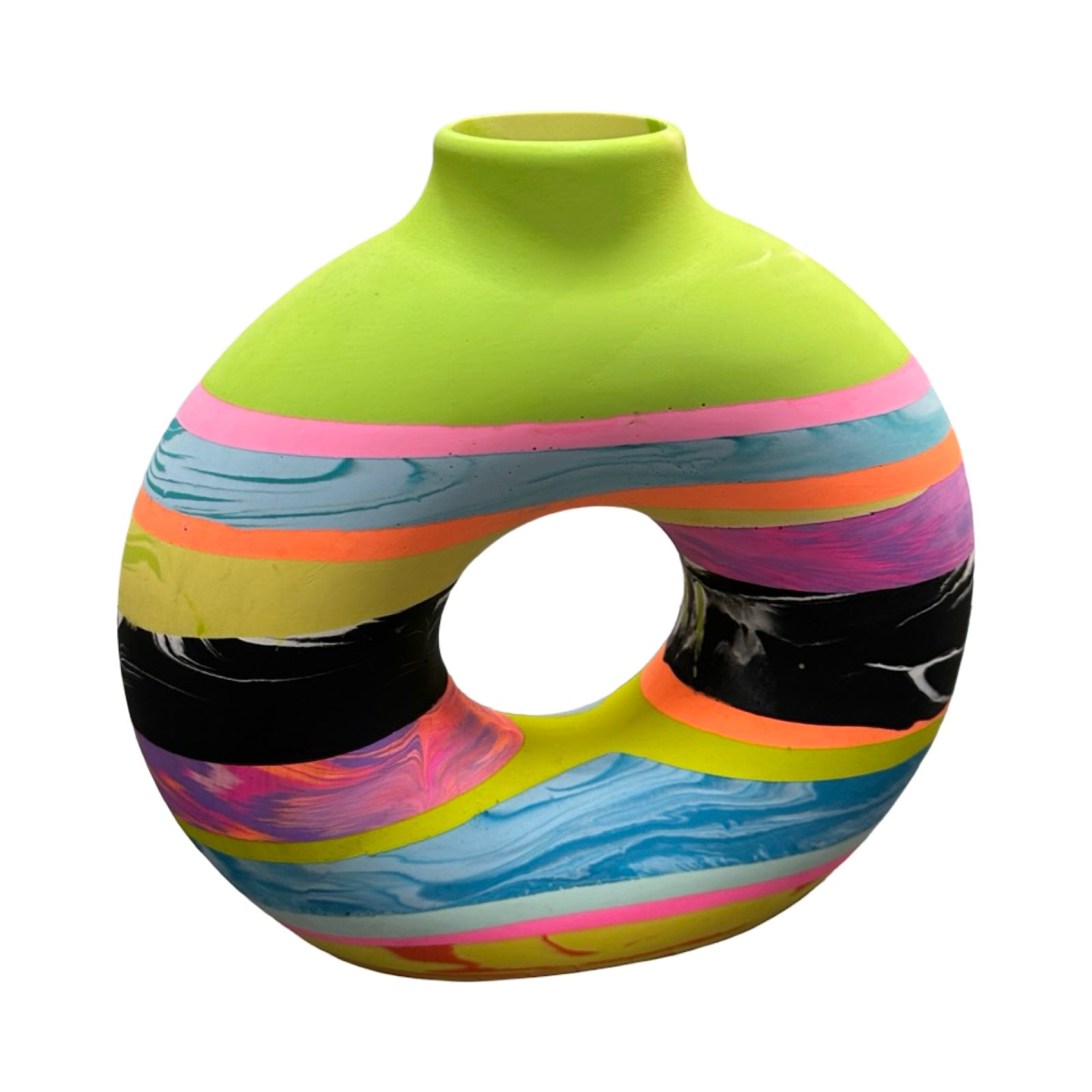 Colorful striped vase on a white background.