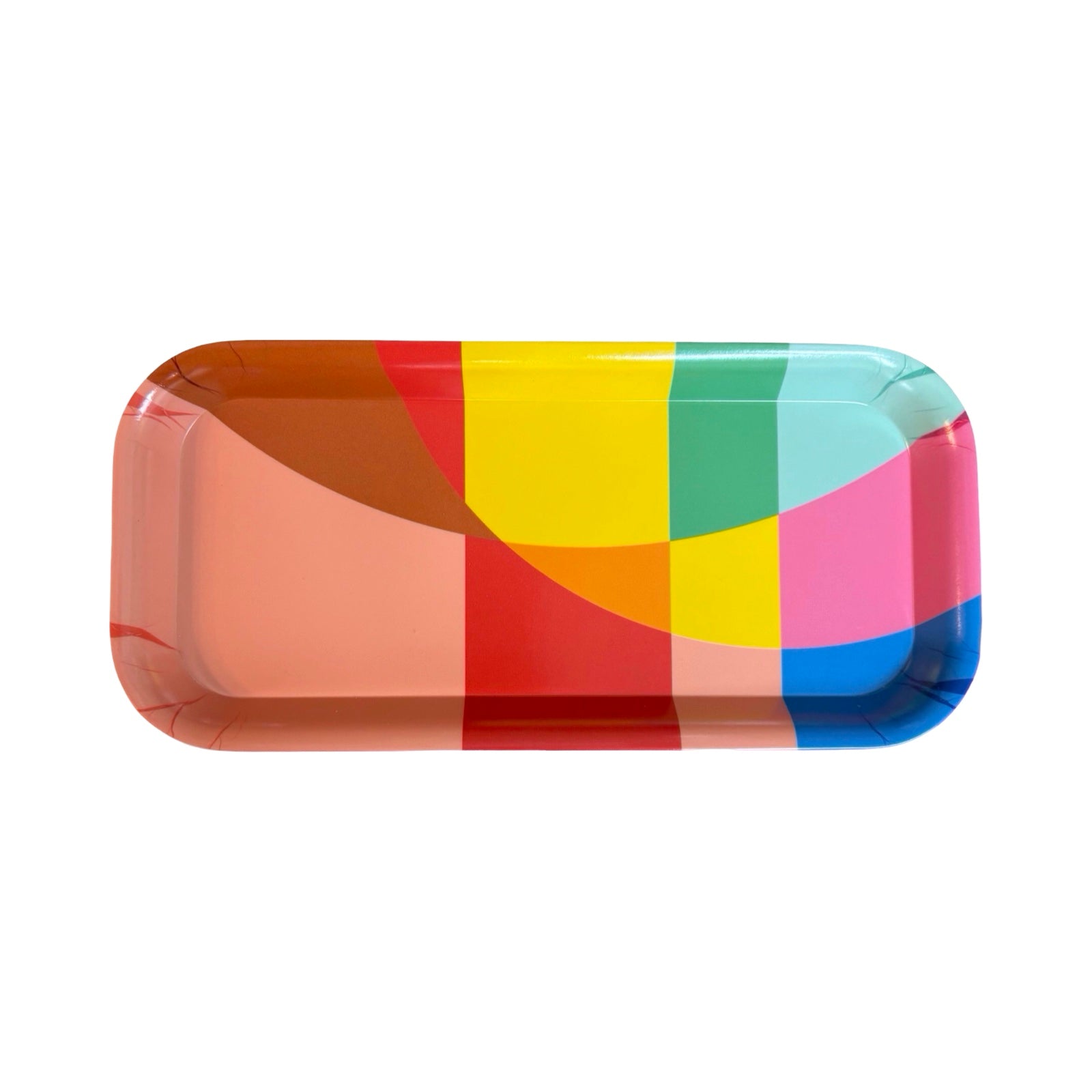 A multicoloured geometric rectangular tray with main colours of coral, red and yellow.