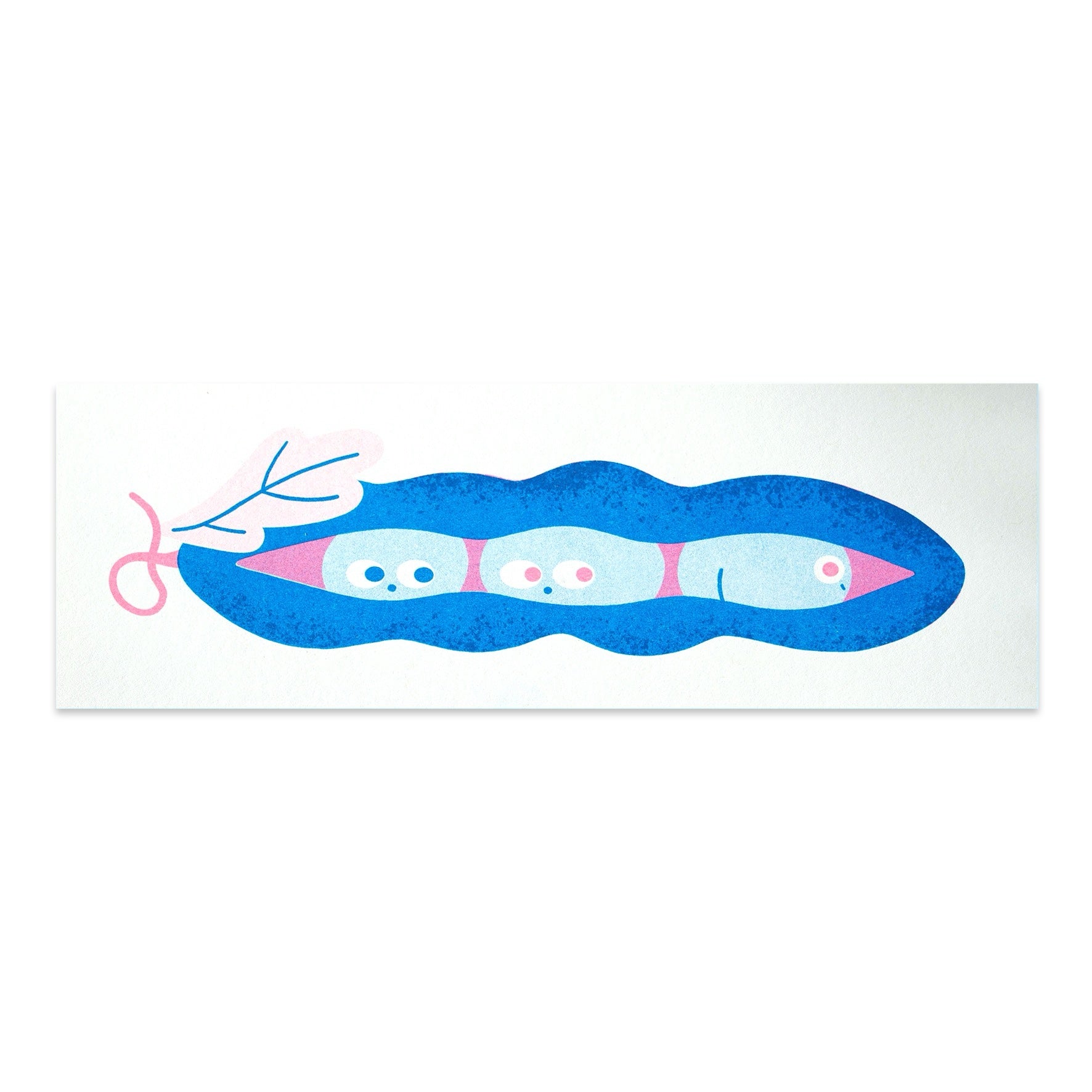 A rectangular risograph mini print of a blue pea pod with green peas with googly eyes inside.