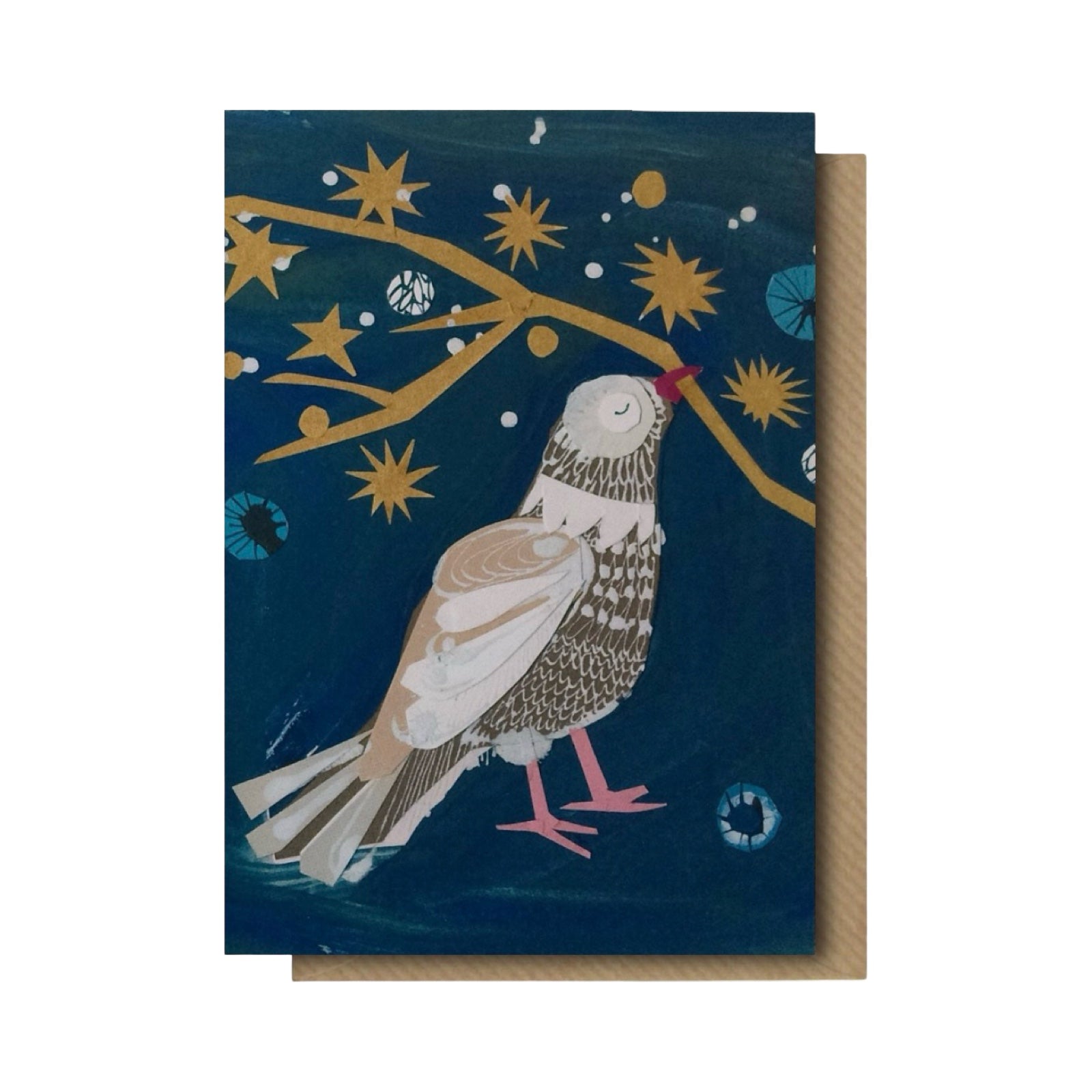 A beautiful Christmas card featuring a peace dove resting under a gold branch.