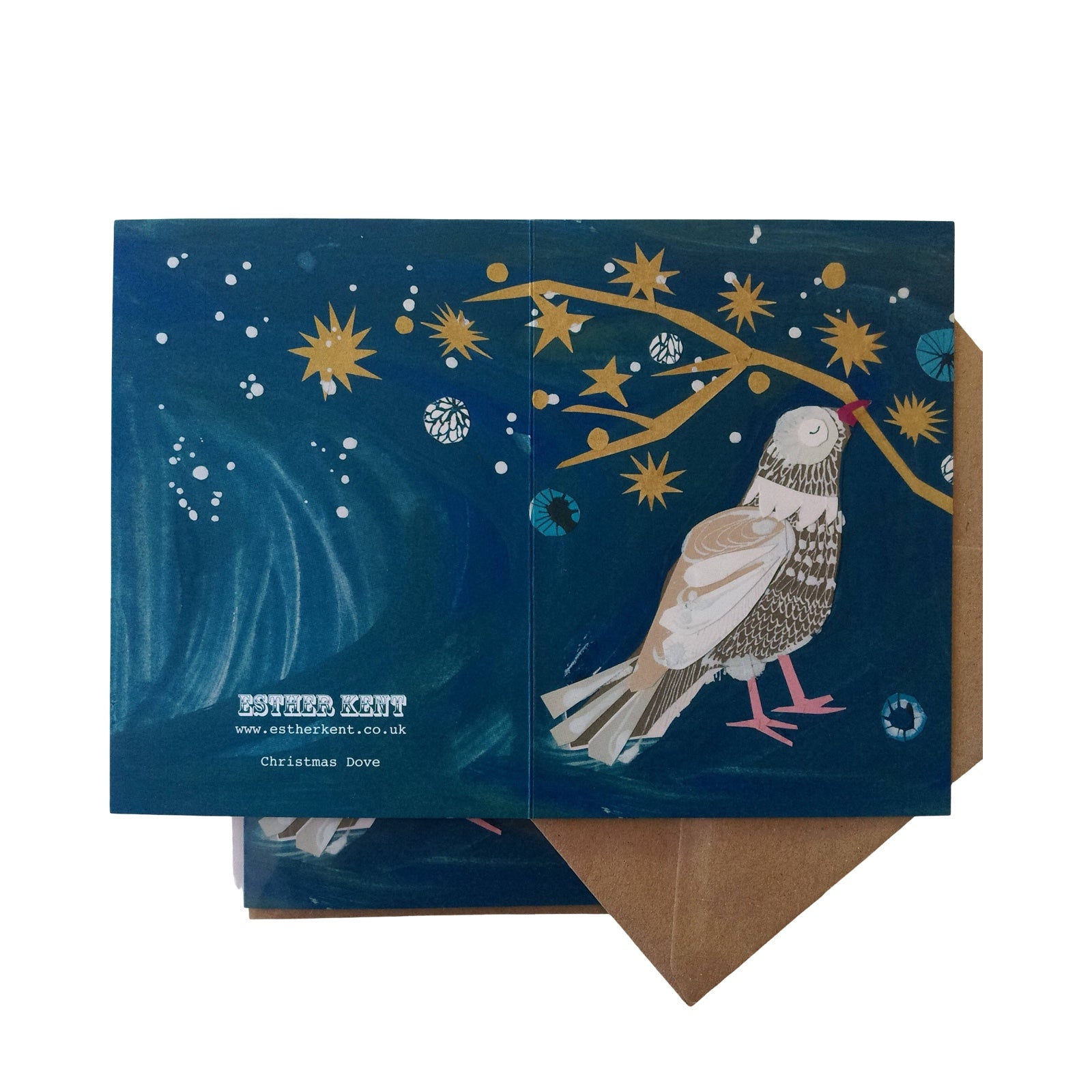 A beautiful Christmas card featuring a peace dove resting under a gold branch.