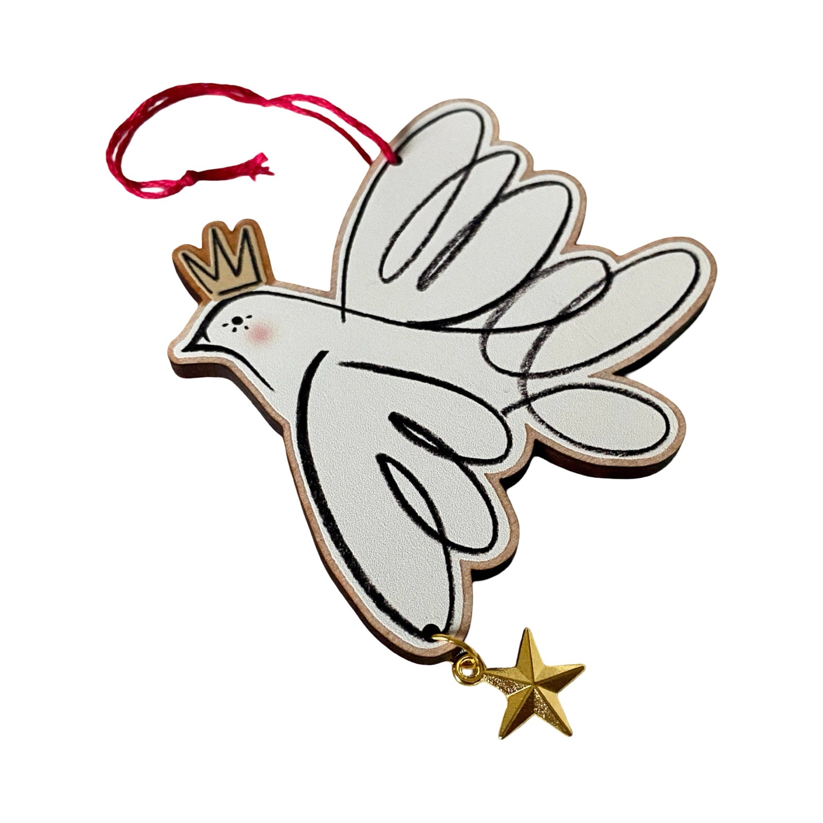 Decorative dove ornament with a crown and star on a white background.