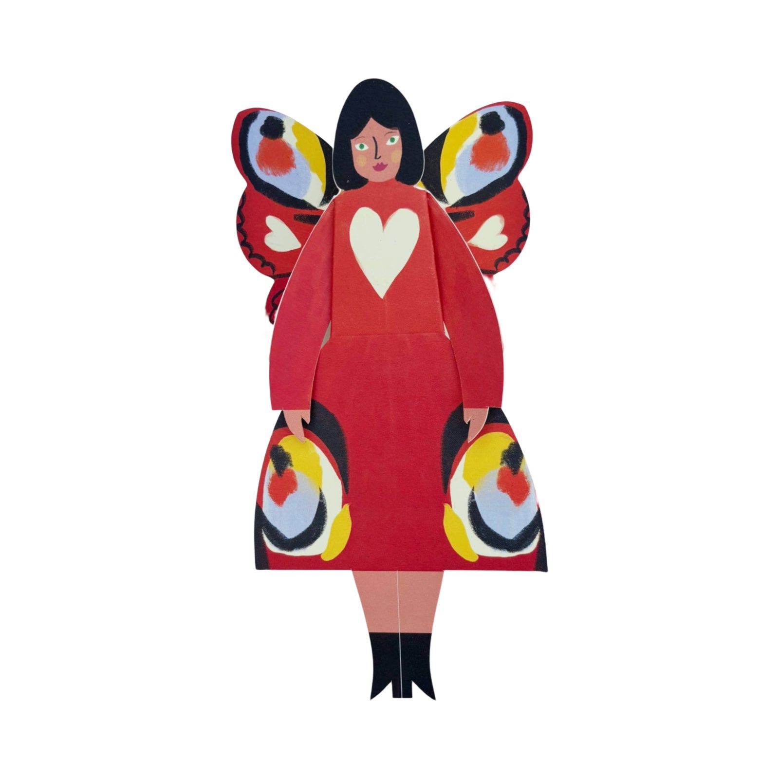A butterfly woman card featuring a lady in a red dress with a white love heart and colourful wings that match the base of her dress.