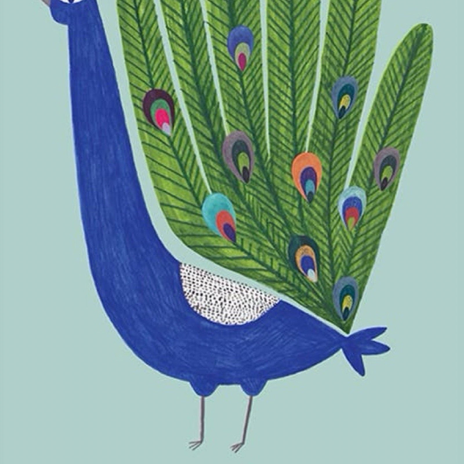 Illustration of a peacock with a blue body and green feathers on a light blue background.