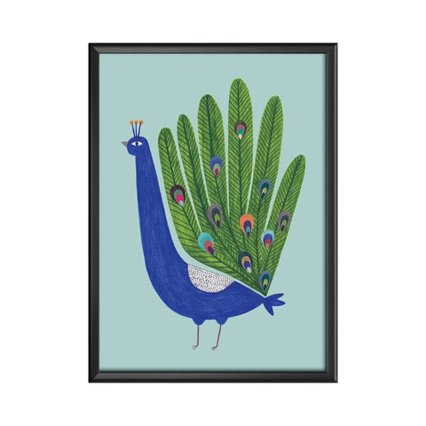 Art print of a large blue peacock with an impressive green tail, against a pale teal background.