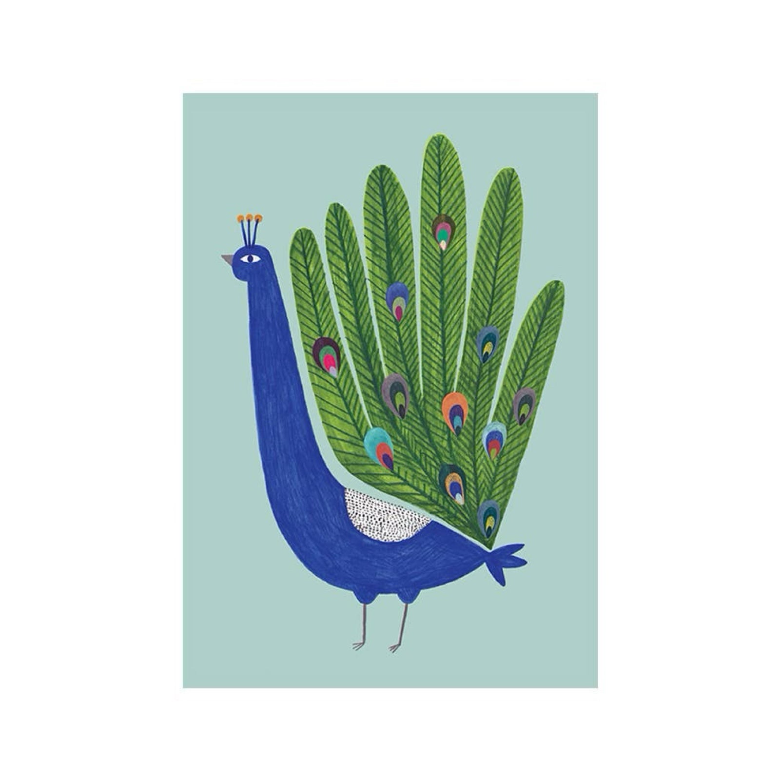 Art print of a large blue peacock with an impressive green tail, against a pale teal background.
