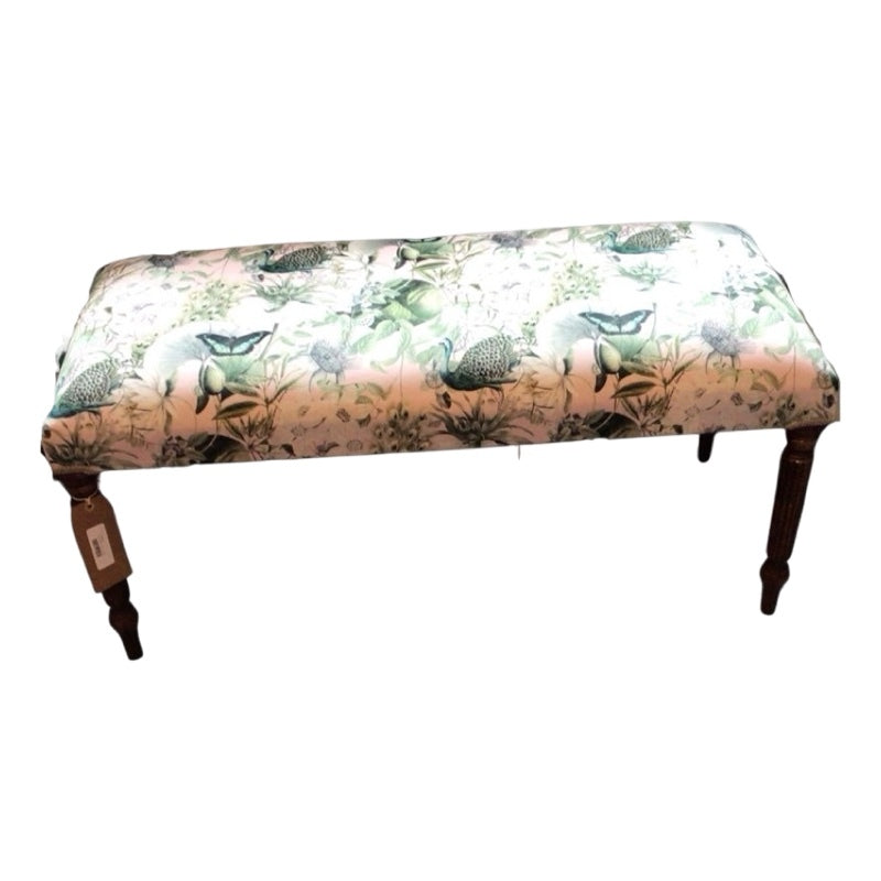 This bench is covered in gorgeous light pink velvet fabric with green peacocks, green butterflies, green foliage and white flowers and is finished with cream binding and mahogany legs.