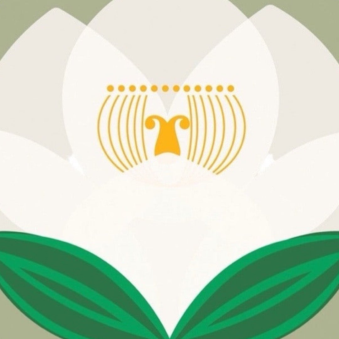 Decorative design with white petals, green leaves, and a yellow emblem on a light green background.