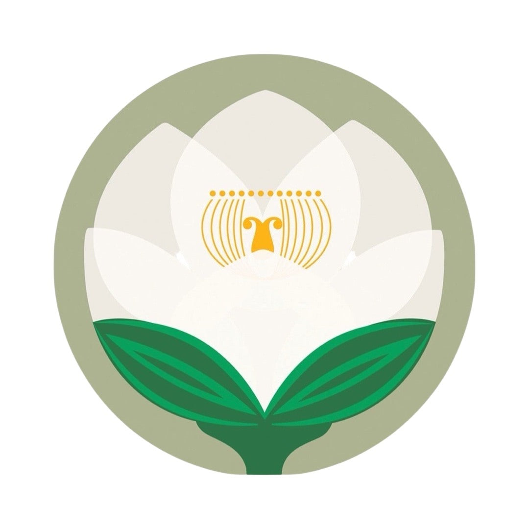 Round placemat featuring a peony flower abstract design in green, grey and white, made from cork-backed melamine which makes it resistant to high temperatures.