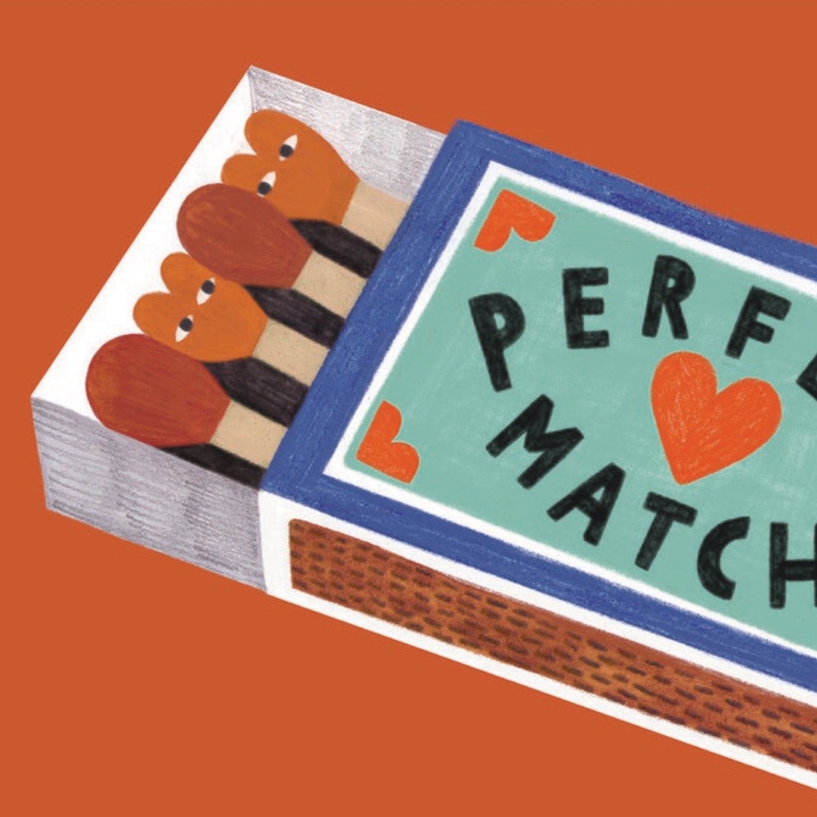 Matchbox with cartoon matches and 'Perfect Match' card on an orange background.