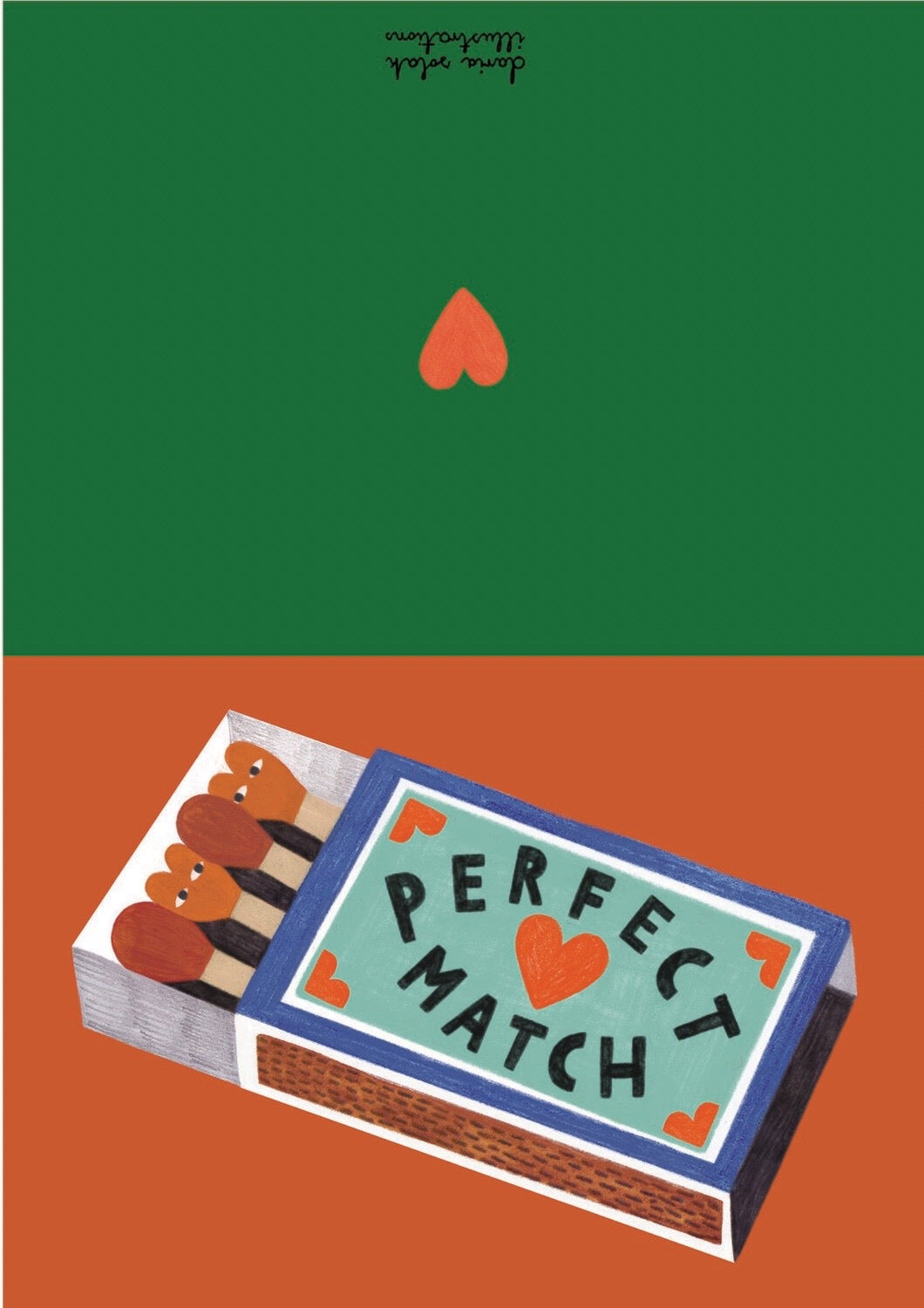 Matchbox with 'Perfect Match' text and a red heart on a green and orange background.