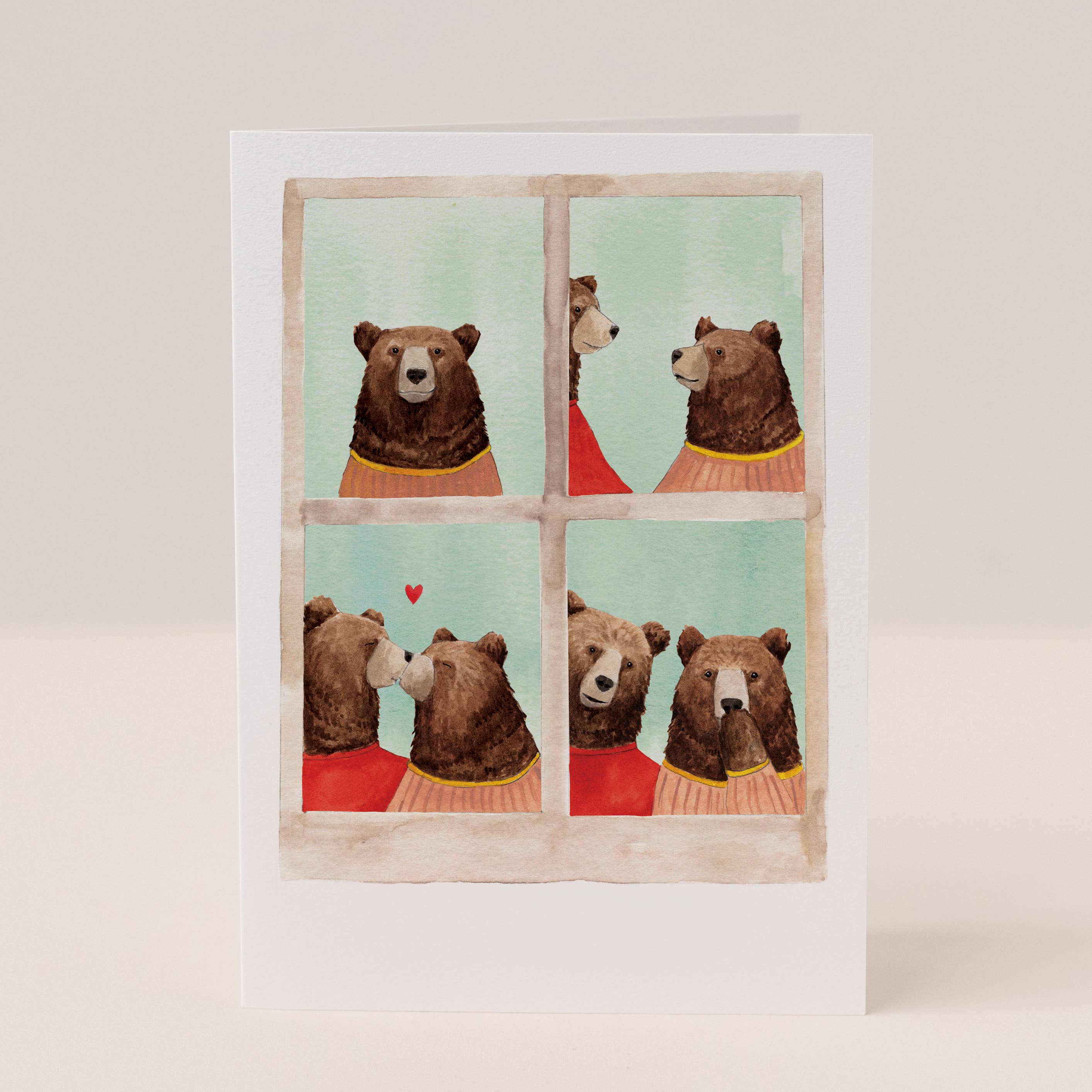 Illustration of bears in sweaters looking out a window with a heart symbol.
