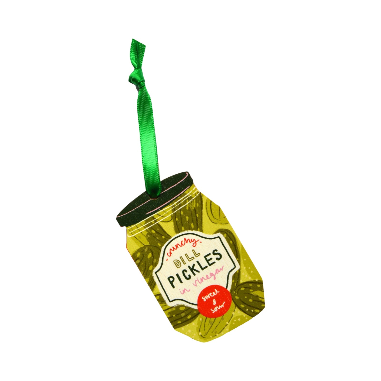 Decorative pickles jar ornament with a green ribbon on a white background.