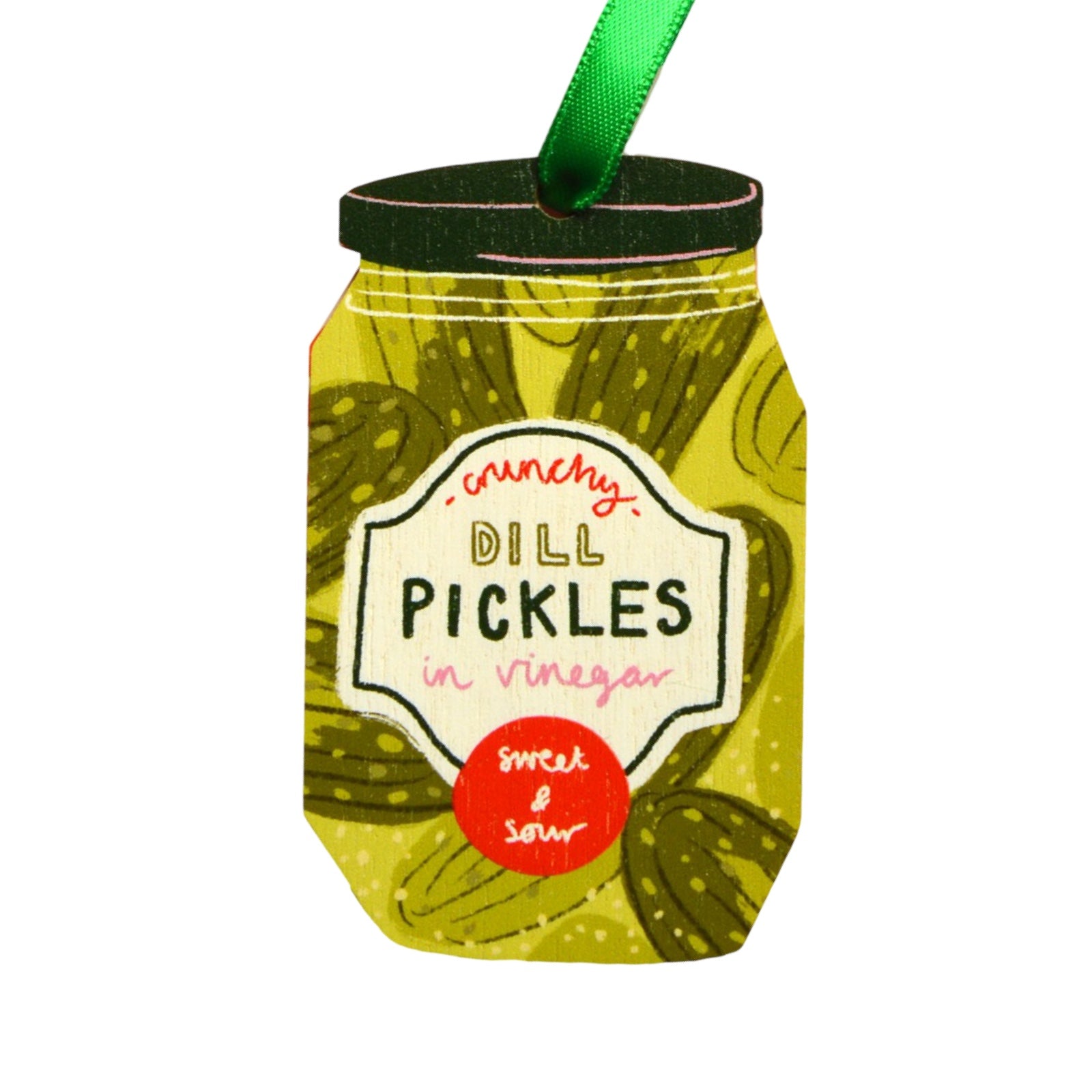 Decorative pickles jar ornament with a green ribbon on a white background.