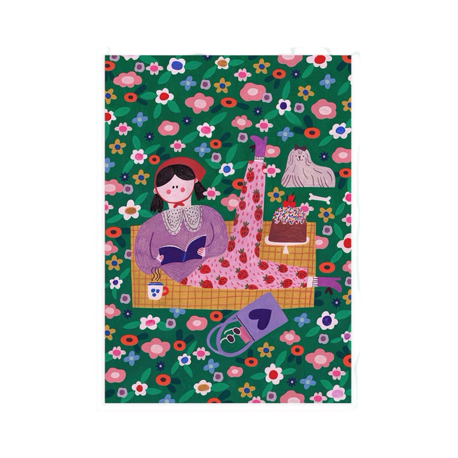 This art print features a lady dressed in fabulous strawberry-covered trousers out for a picnic in a flowery meadow.