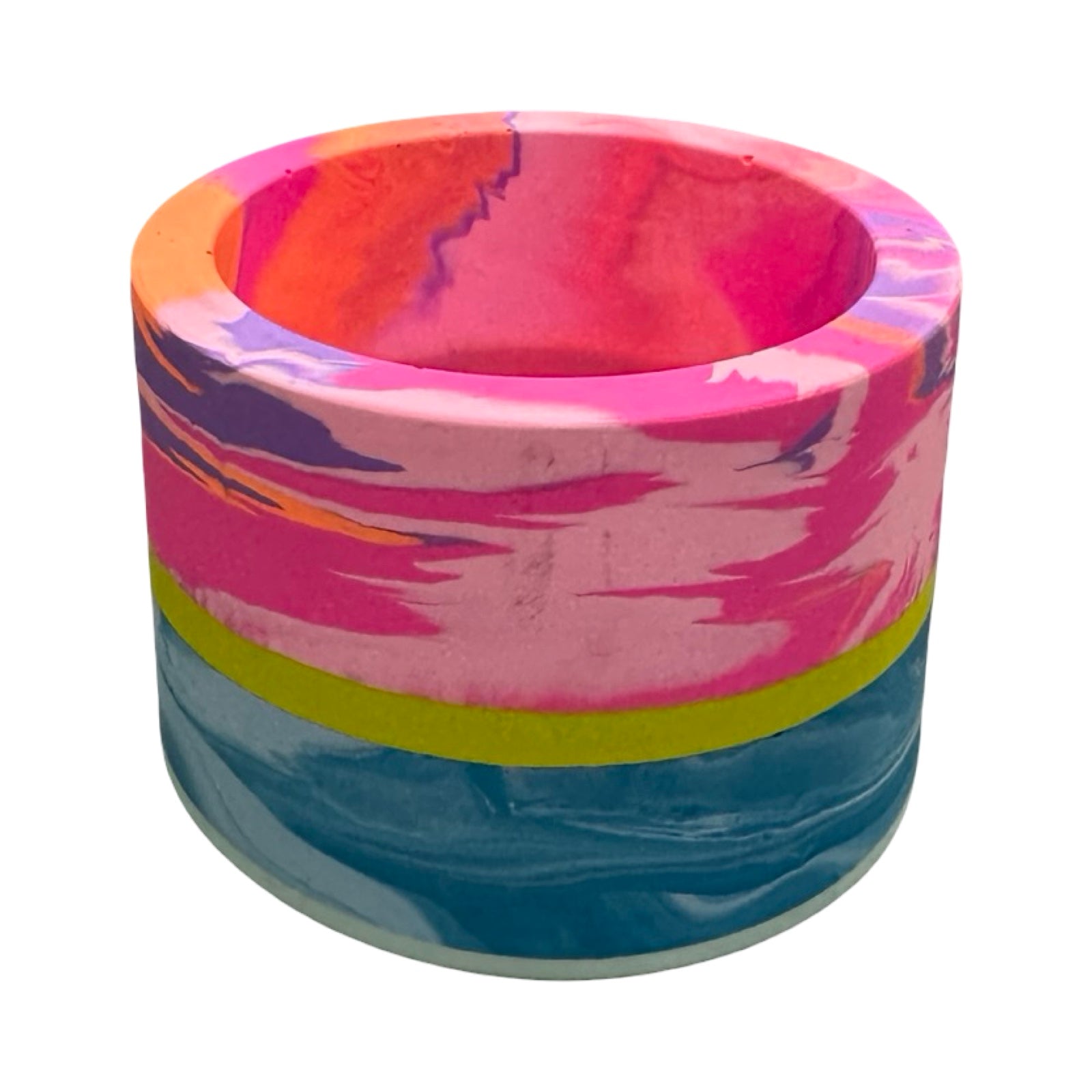 Colourful marbled pot on a white background.
