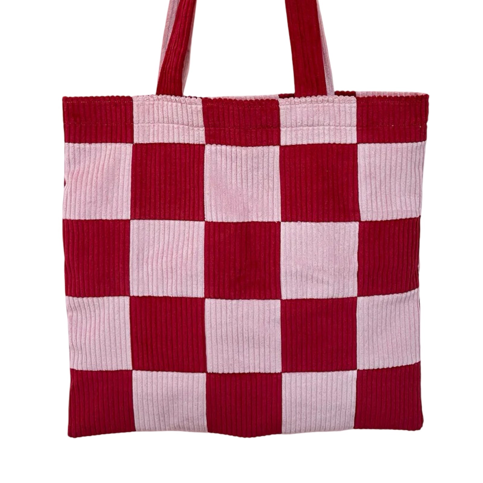 Red and pink checkered tote bag on a white background.