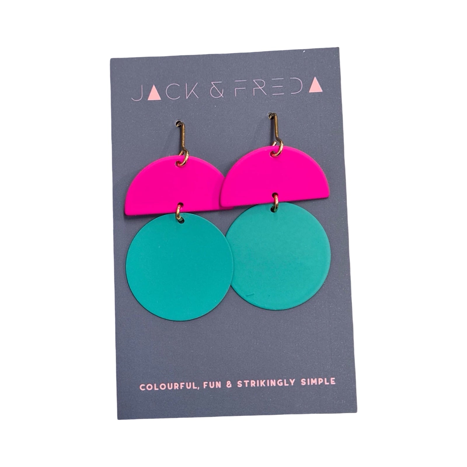 Colorful earrings on a Jack & Fred card with pink and green design.