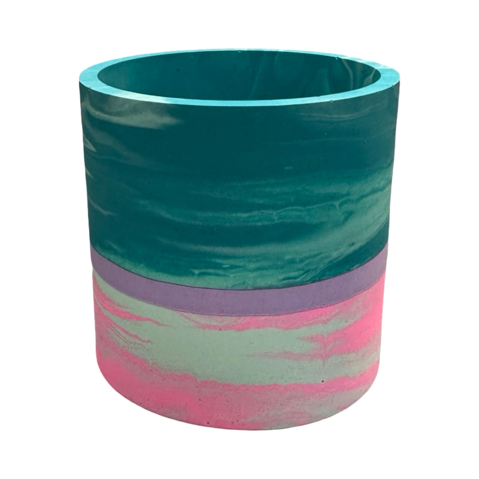 Cylindrical planter with multicolored stripes on a white background.