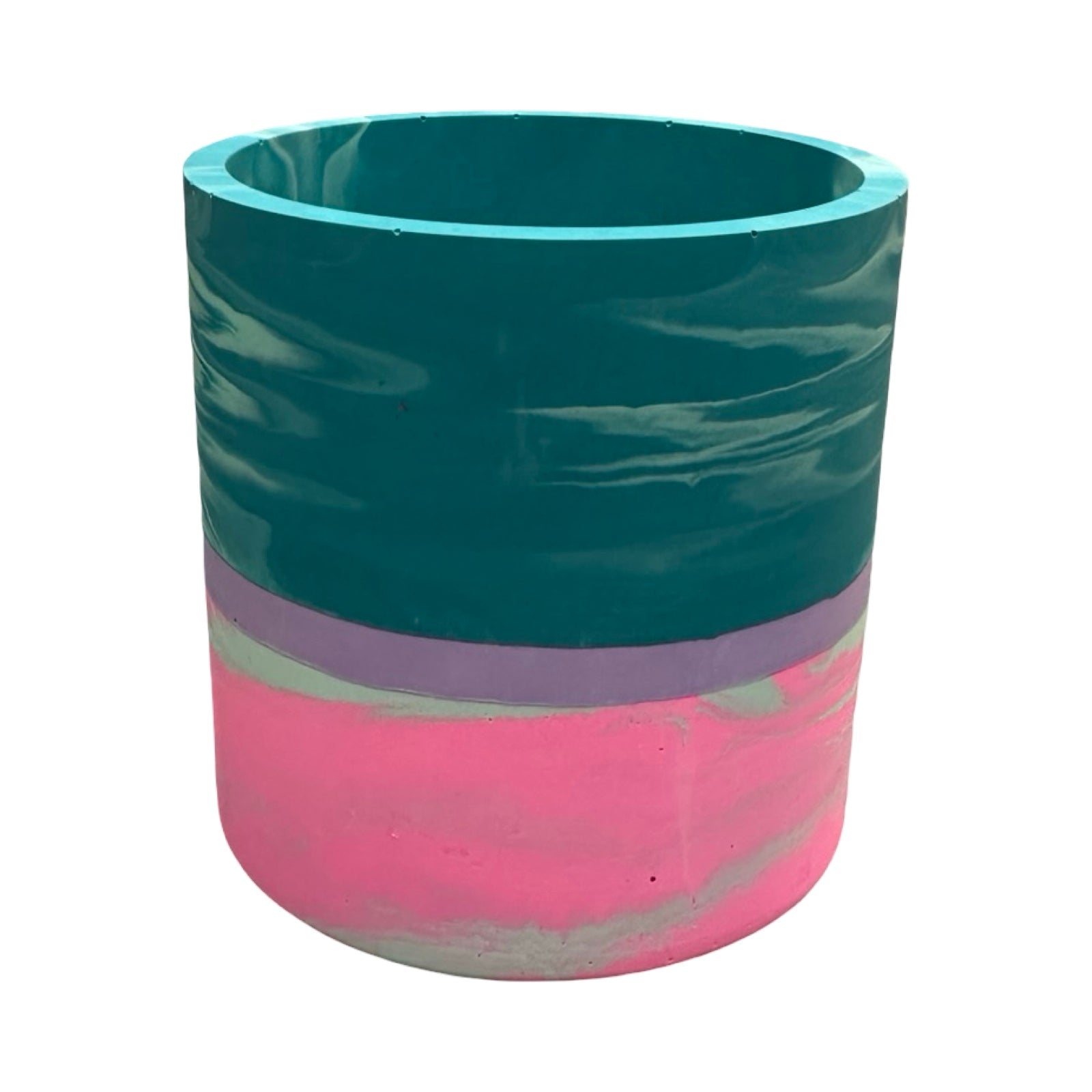 Cylindrical planter with teal top and pink bottom on a white background.