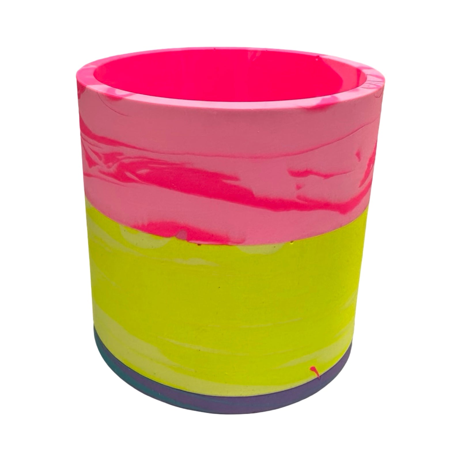 Colorful planter with pink and yellow stripes on a white background.
