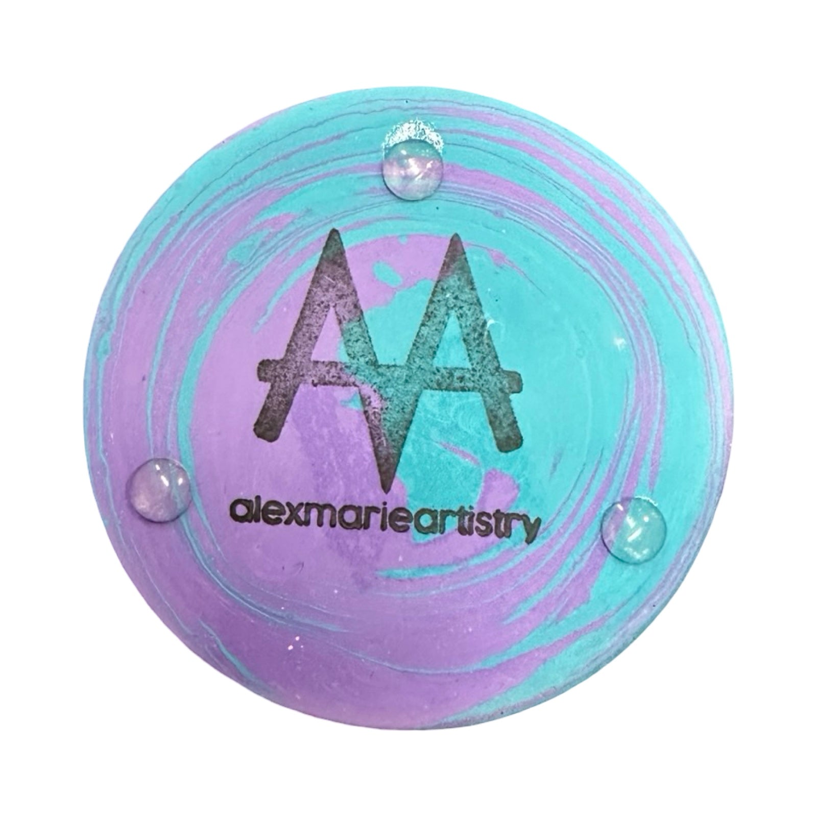Round bottom with marbled purple and blue design and 'alexmarieartistry' text.