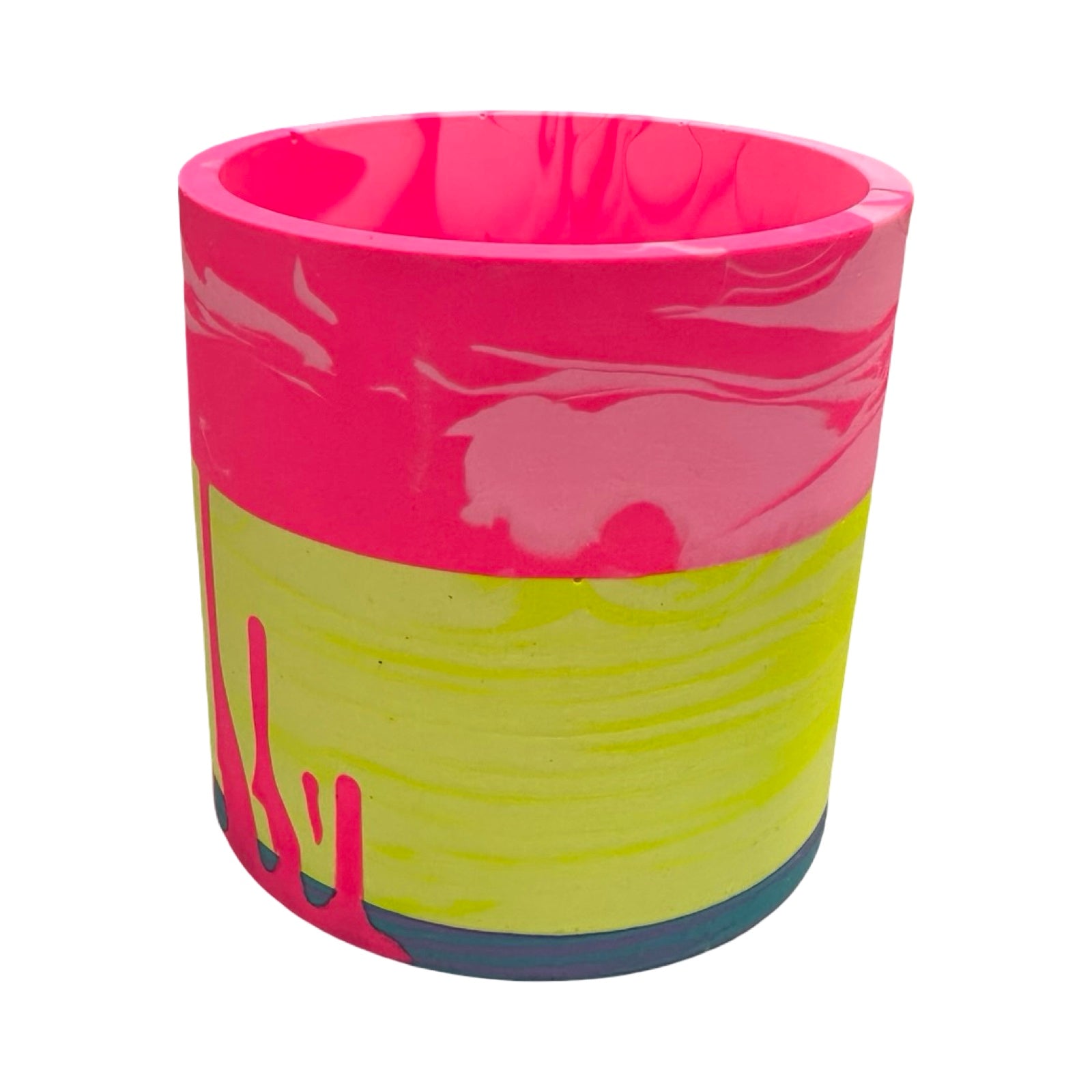 Colorful planter with pink top and yellow bottom on a white background.