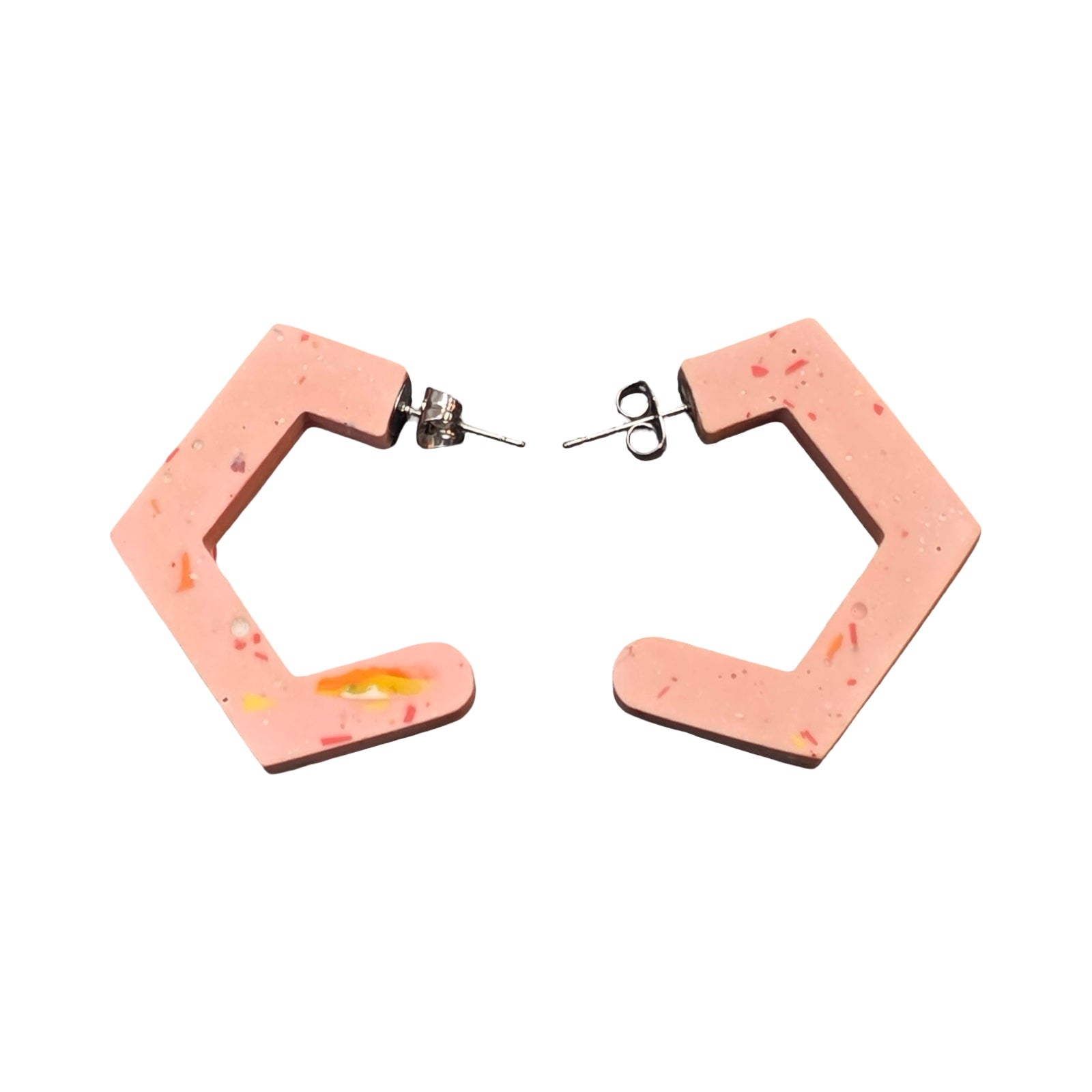 Pink chunky hexagon hoop earrings with red stripes.