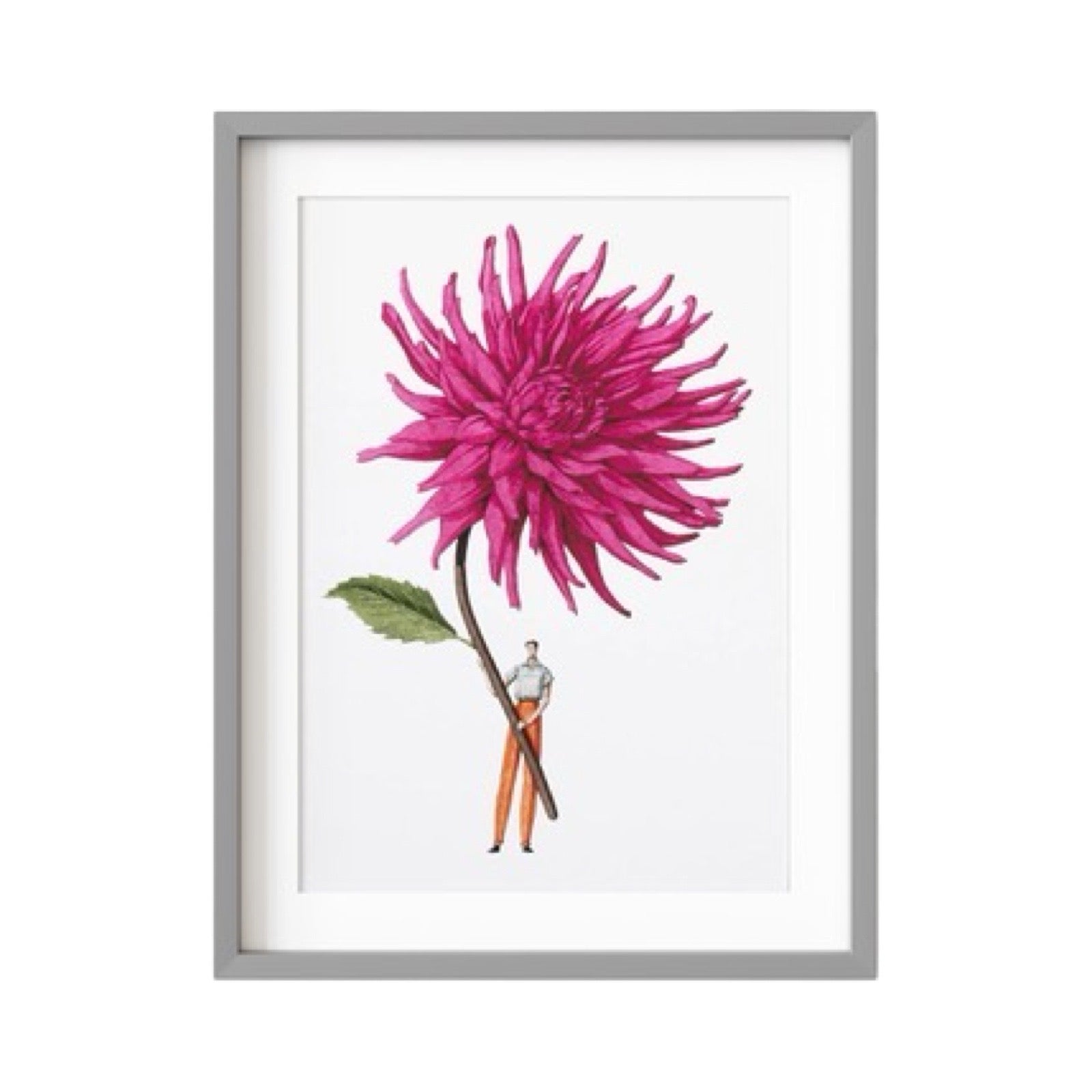Print featuring a beautiful illustration of a fabulously dressed man holding a giant pink dahlia.