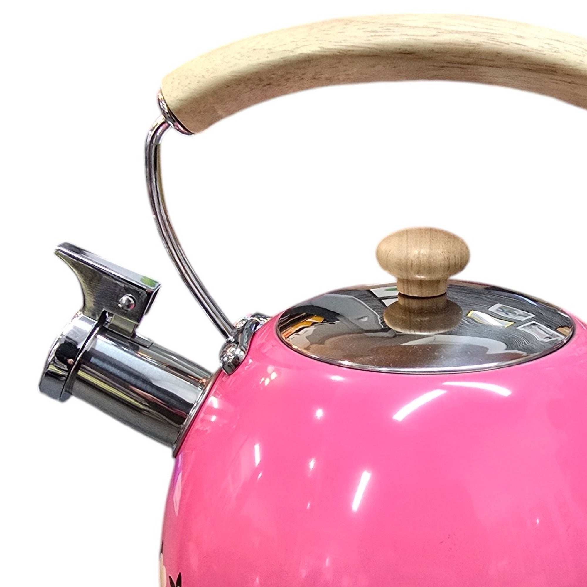 Pink kettle with wooden handle and lid knob on a white background.