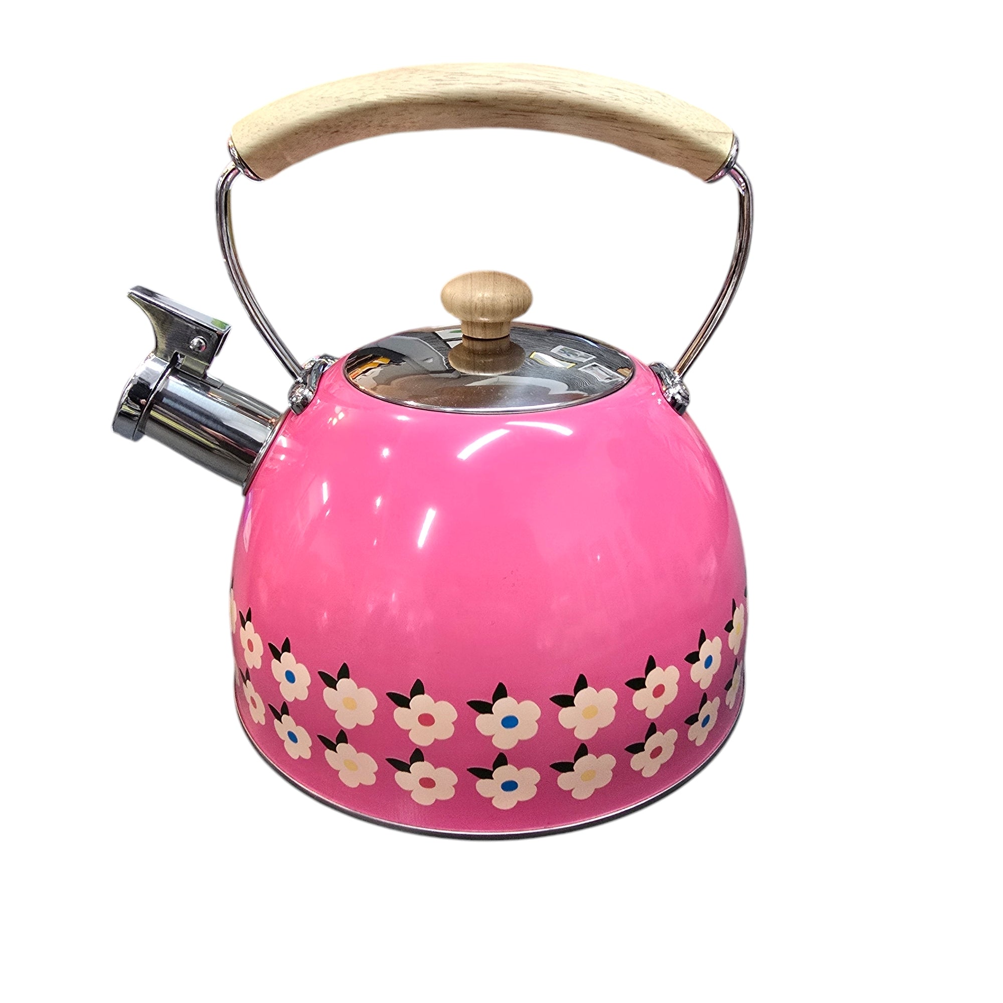 This beautiful stove top kettle has two rows of retro style daisies around the base.