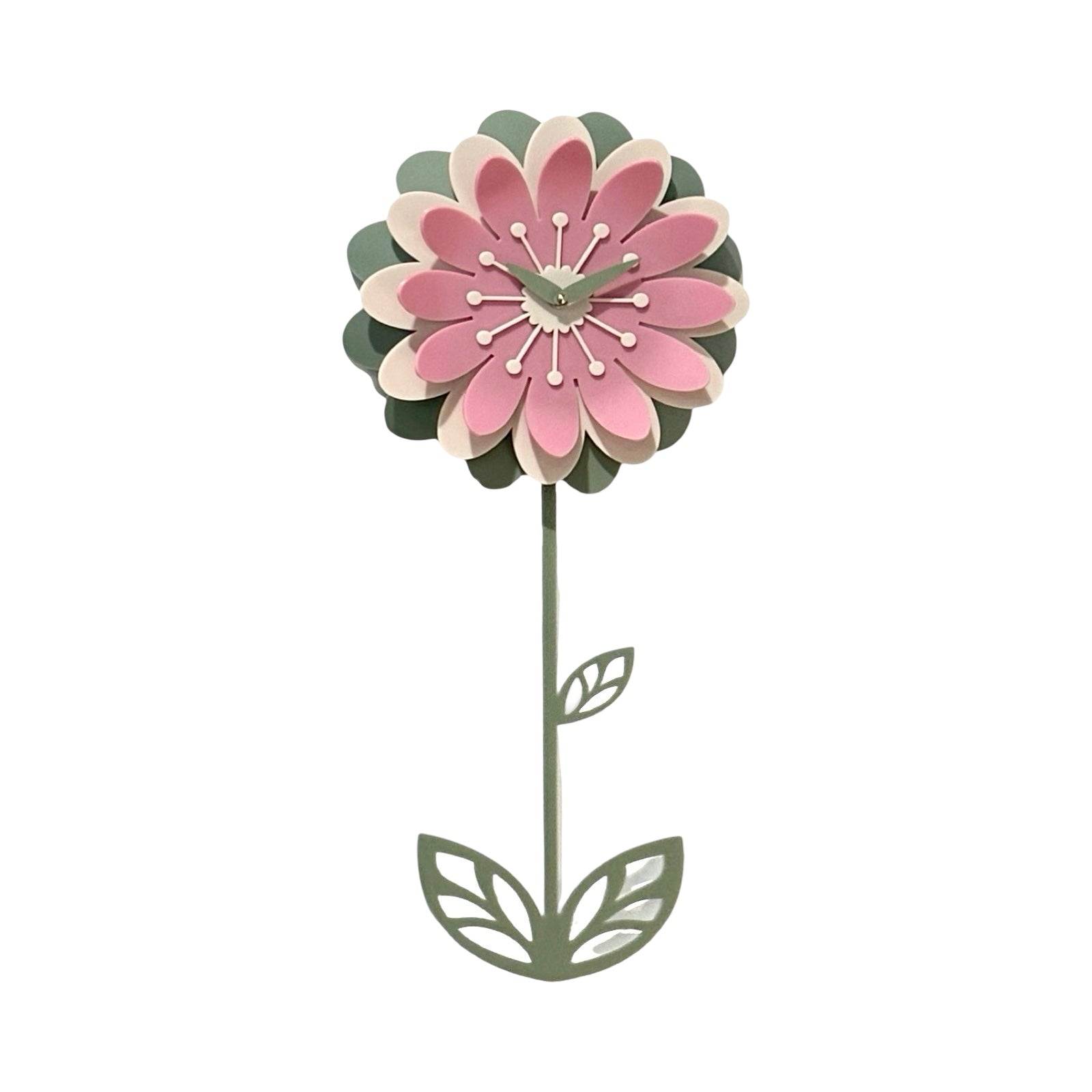 Decorative flower-shaped clock with pink petals and green stem on a white background.